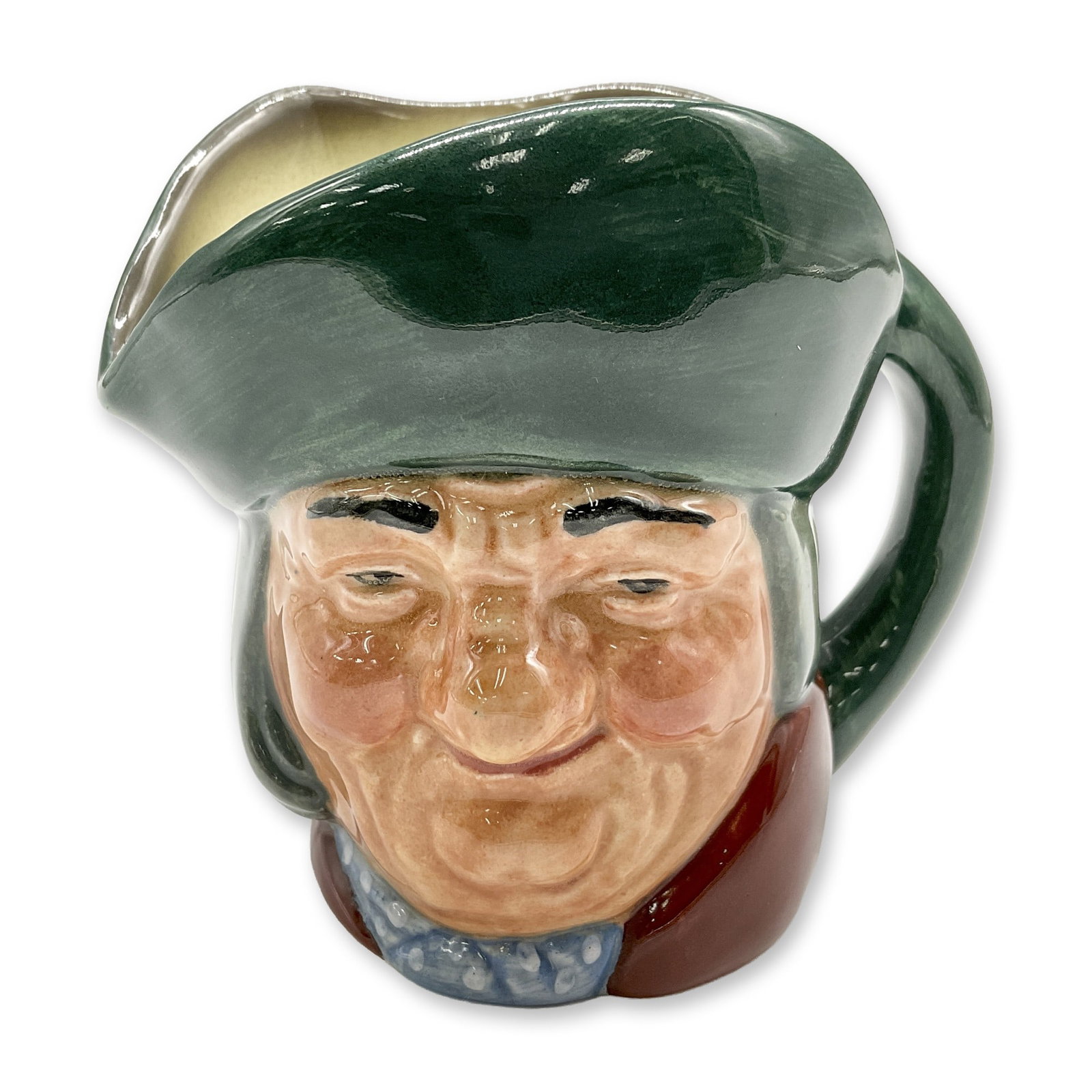 Toby Philpots D5737 - Small - Royal Doulton Character Jug: Green hat; brown coat; blue scarf with white spots. Royal Doulton backstamp. Artist: Charles J. Noke Dimensions: 3.25"H Date or Era: 1937 - 1969 Manufacturer or Brand: Royal Doulton Country of Ori