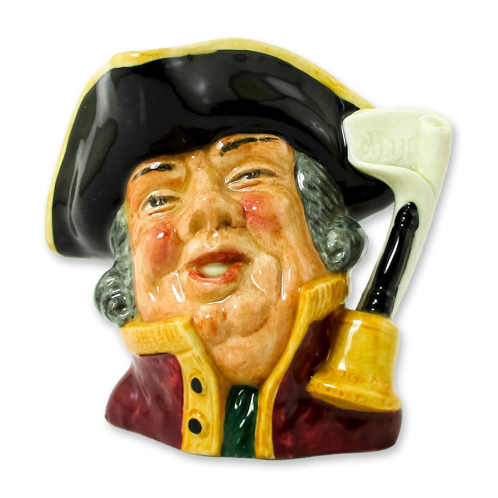 Town Crier D6537 - Small - Royal Doulton Character Jug: Style One, bell on scroll handle. Black hat trimmed with gold; scarlet coat trimmed with gold. Royal Doulton backstamp. Artist: David B. Biggs Dimensions: 3.25"H Date or Era: 1960 - 1974 Manufacturer 