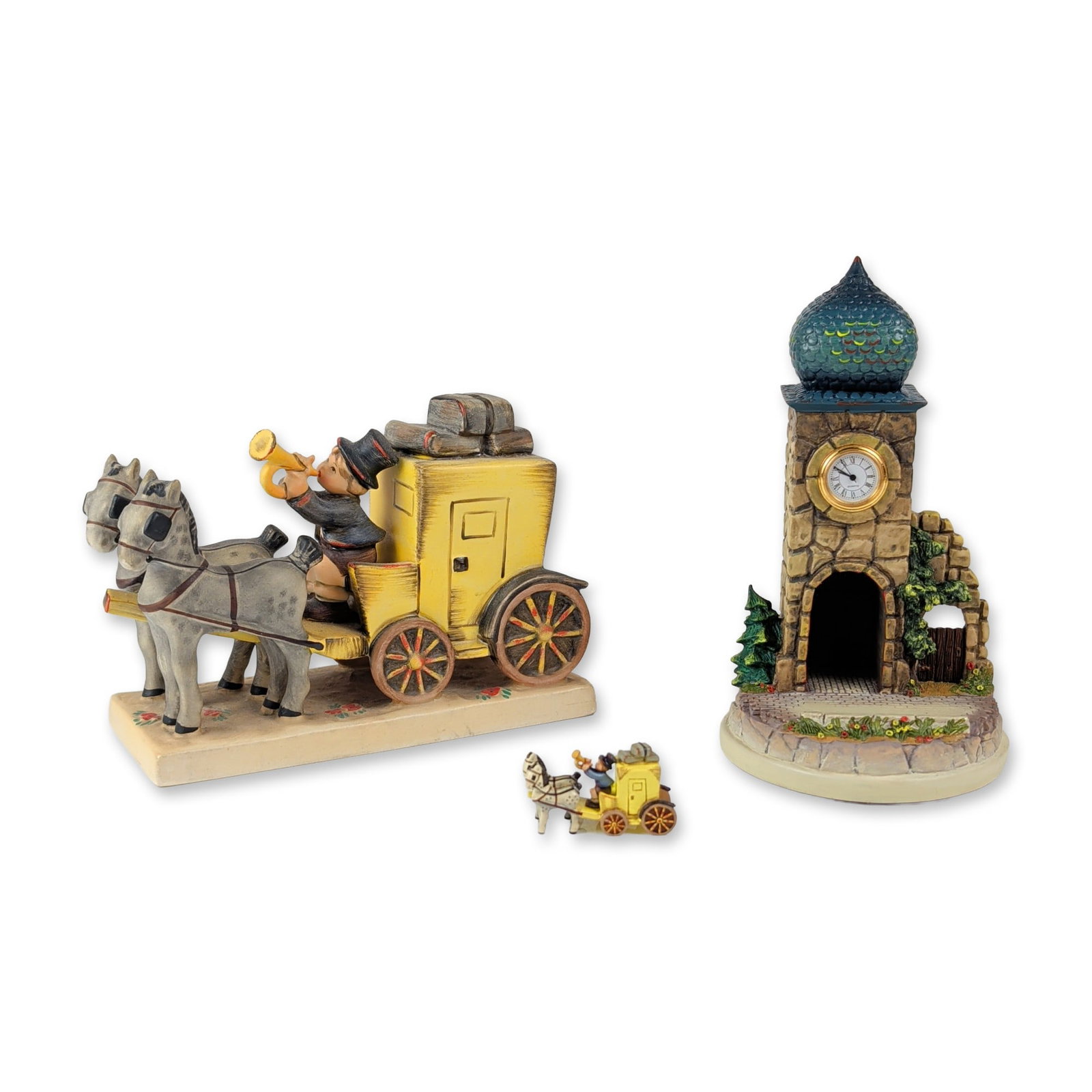 3pc Goebel The Mail is Here Figurines: Goebel, West Germany. Set of three hand-painted ceramic figurines themed The Mail is Here. The group includes a large two-horse post coach with a postman, a stone-textured clock tower with a blue dome