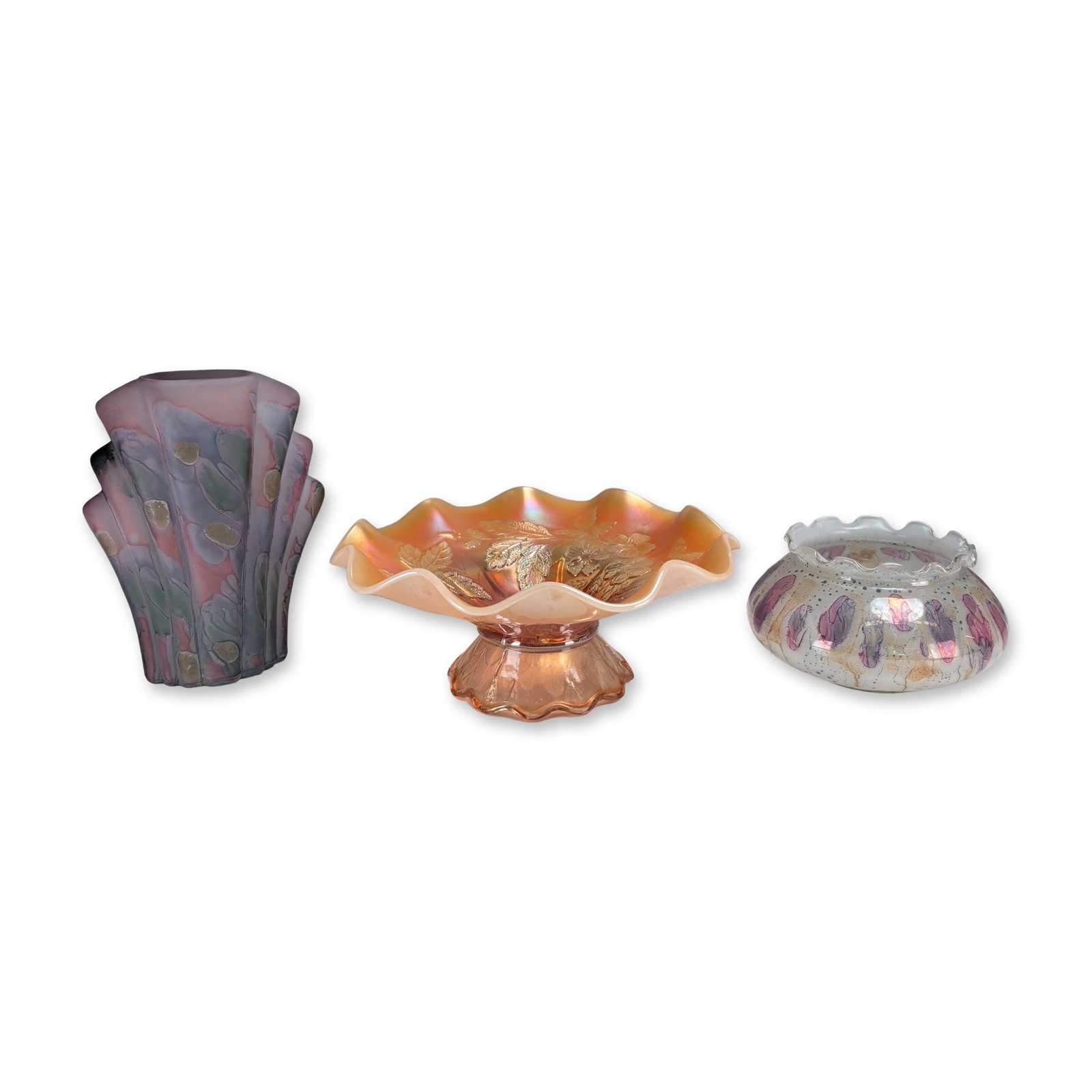 3pc Decorative Art Glass Vessels, Rueven, Simron & Carnival Glass: Trio of decorative art glass vessels including examples from Israel and the United States. One opalescent art glass bowl featuring hand-painted iridescent splatters in shades of purple and gold, beari