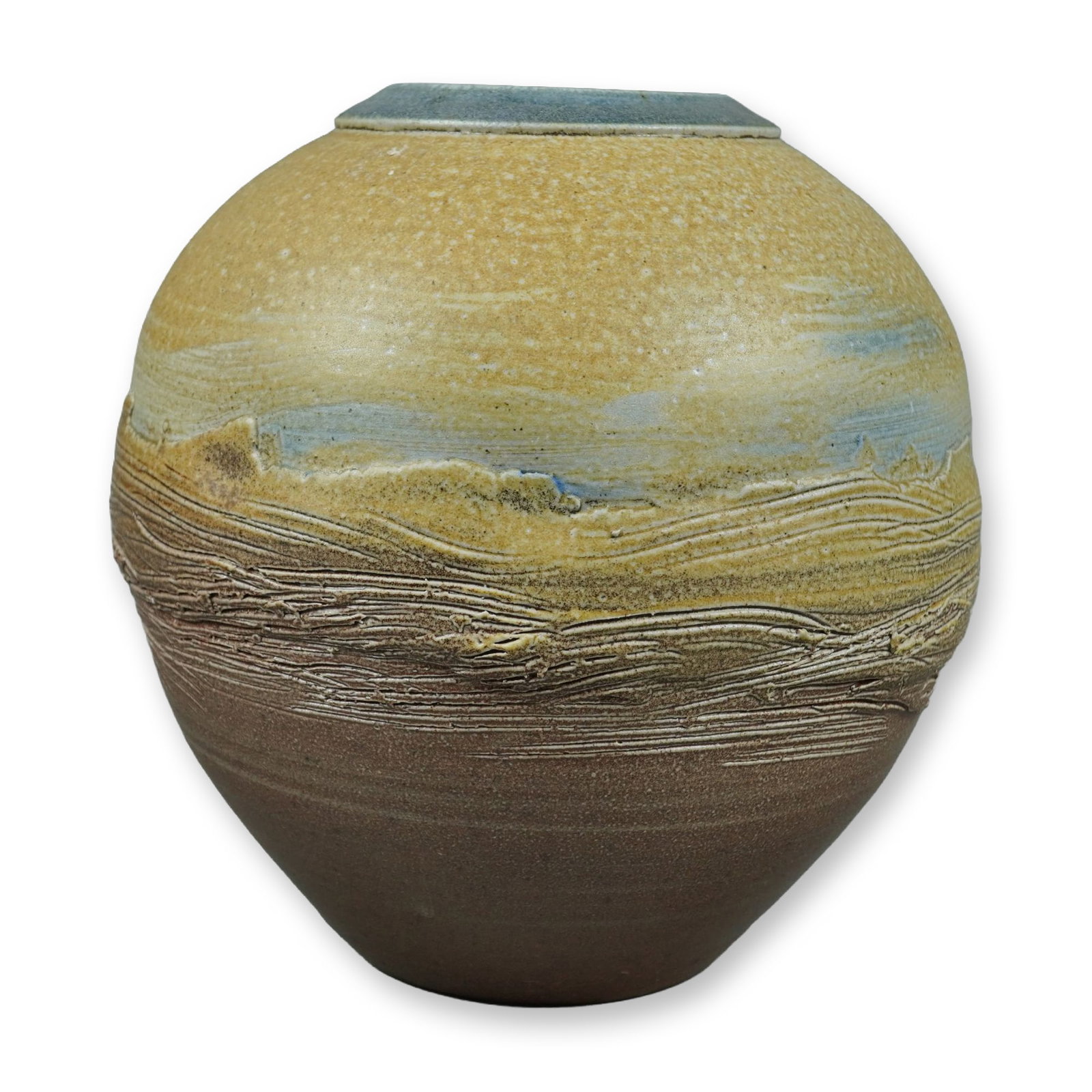 Dan Triece DirtWorks Pottery Seagrove North Carolina Stoneware Landscape Vase: This large hand-crafted stoneware vessel was created by potter Dan Triece at his DirtWorks studio in Seagrove, North Carolina. The ovoid form features a complex landscape-inspired glaze and texture de