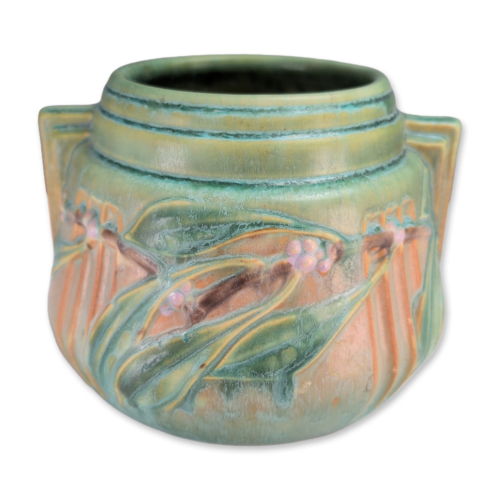 Art Deco Roseville Style Pottery Laurel Green Vase: Art Deco Roseville style pottery vase in the Laurel pattern. The earthenware vessel features low-relief molded tri-lobed leaves and berry clusters on woody branches over a mottled green and russet ora