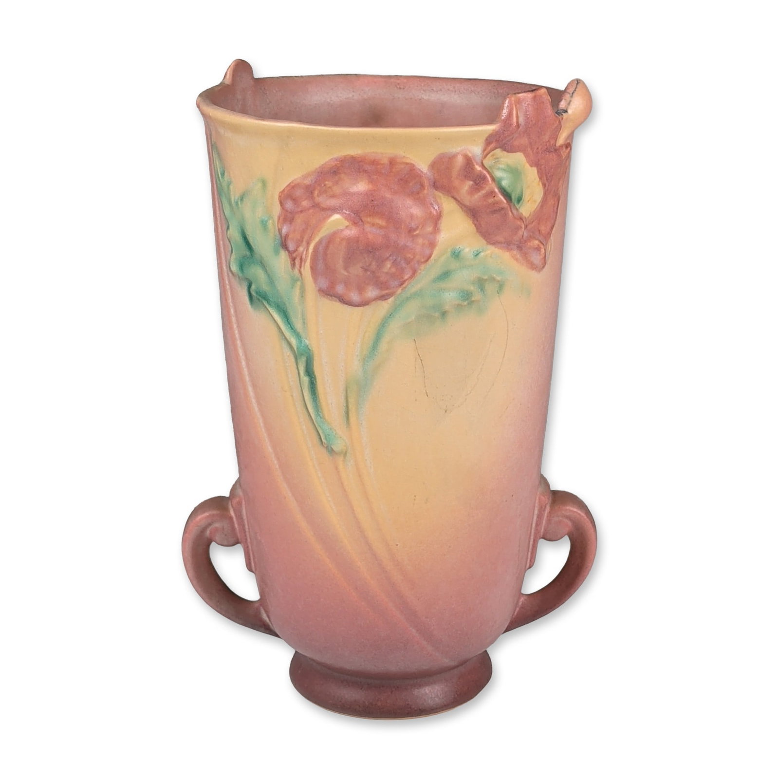 In the Style of Roseville Pottery, Pink Earthenware Double Handled Vase: Art pottery vase with a Poppy pattern. The earthenware vessel features a tapered body with a flared, scalloped rim and two scroll-form handles positioned near the base. Decorated with relief-molded po