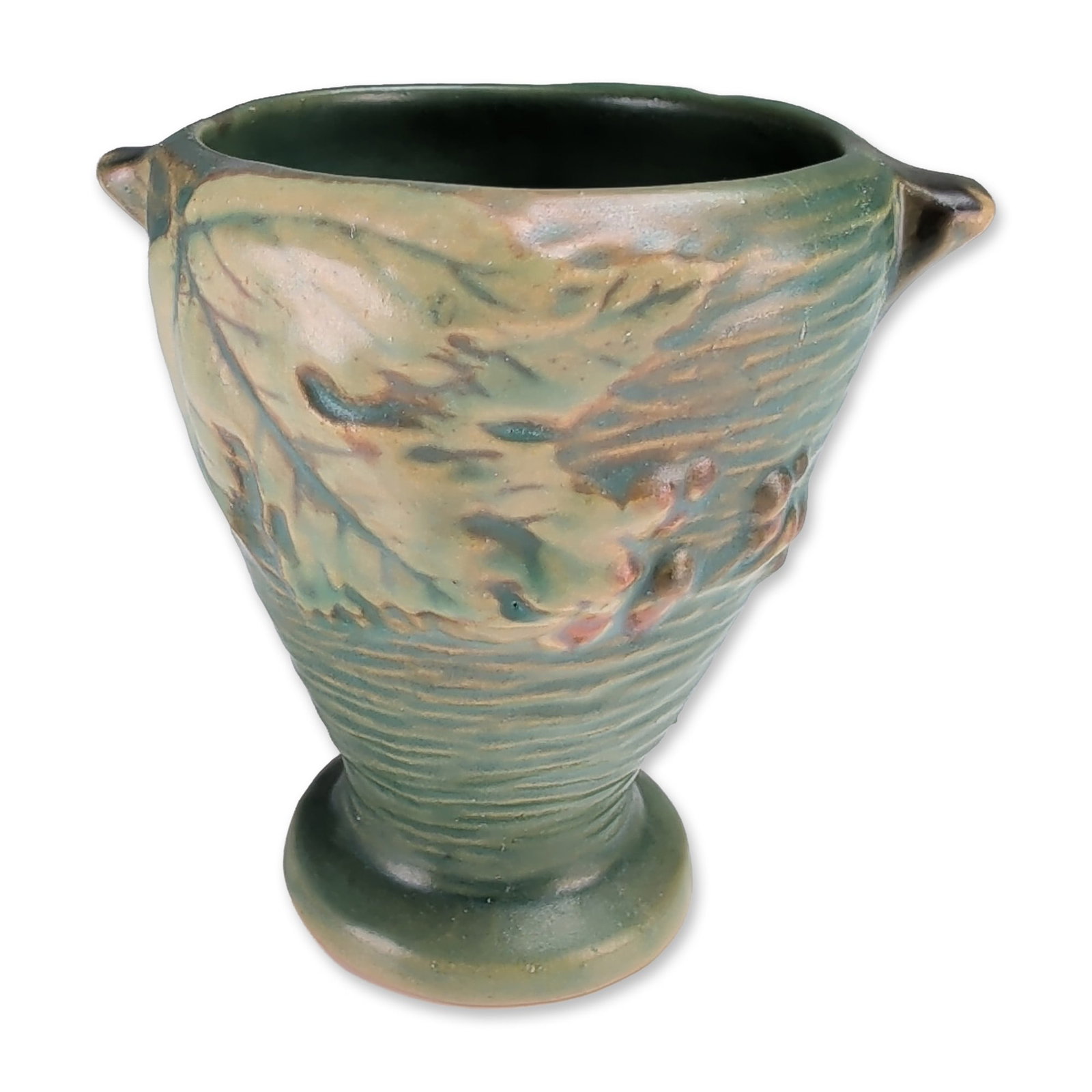 Roseville Bushberry Meadow Green Art Pottery Vase: Roseville Pottery art pottery vase in the Bushberry pattern, introduced in 1941. The earthenware vessel features a flared and lobed rim with two small integral handles, a tapering neck, and a circular
