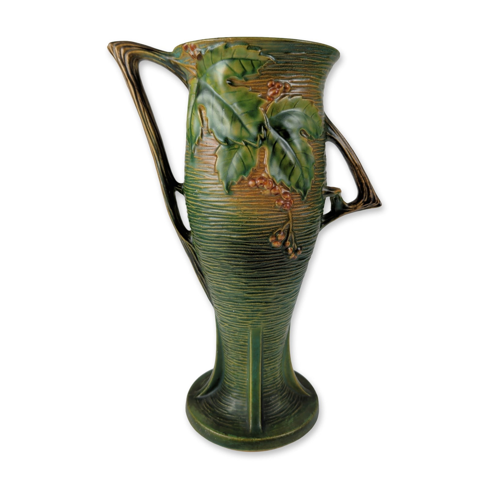 Roseville Green Bushberry Large Two-Handled Ceramic Vase: Roseville Pottery two-handled vase in the Bushberry pattern, produced in glazed earthenware. The vessel features a flared rim and base with a horizontally ribbed body transitioning from forest green t