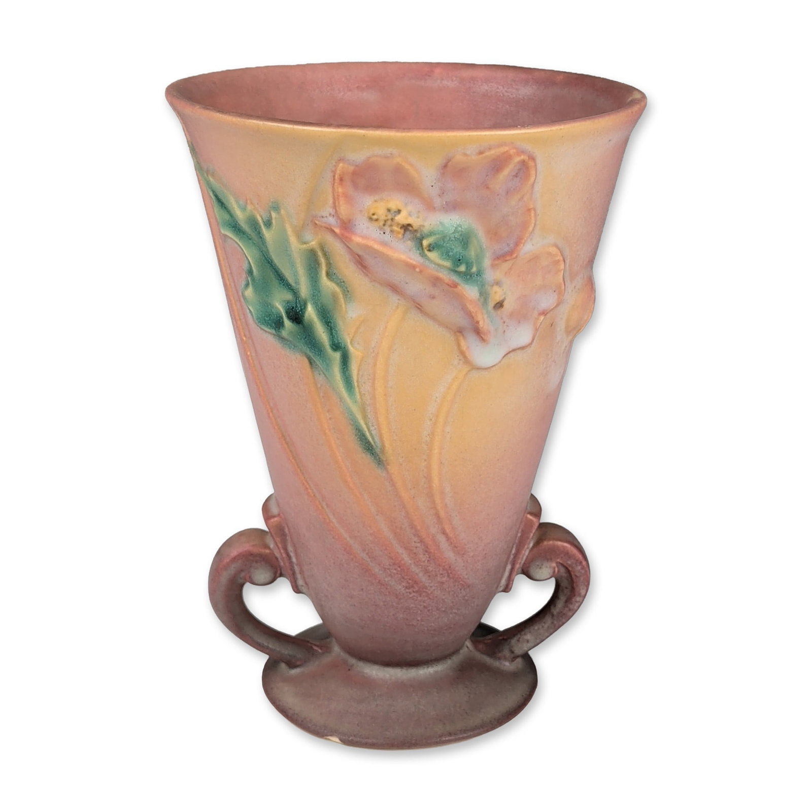 Roseville Pottery Earthenware Vase, Pink Poppy Line: Roseville Pottery Poppy pattern earthenware vase, introduced circa 1938. The vessel features a flared conical form with two scroll-shaped handles near the base and molded relief decoration of a poppy 