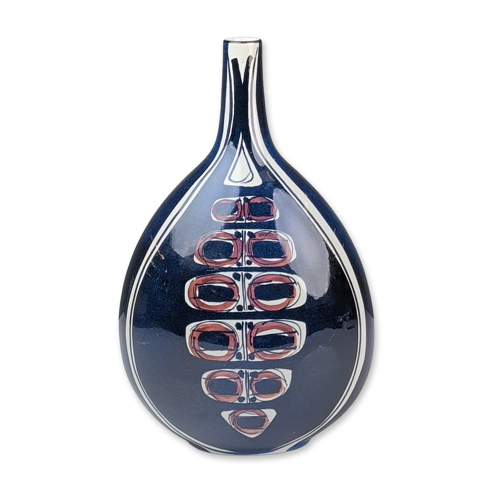 Royal Copenhagen Inge-Lise Koefoed Danish Faience Tenera Vase: The vessel features a flattened teardrop or flask shape with a short circular neck, finished in a dark indigo blue mottled glaze. Decoration consists of hand-painted abstract motifs including two circ