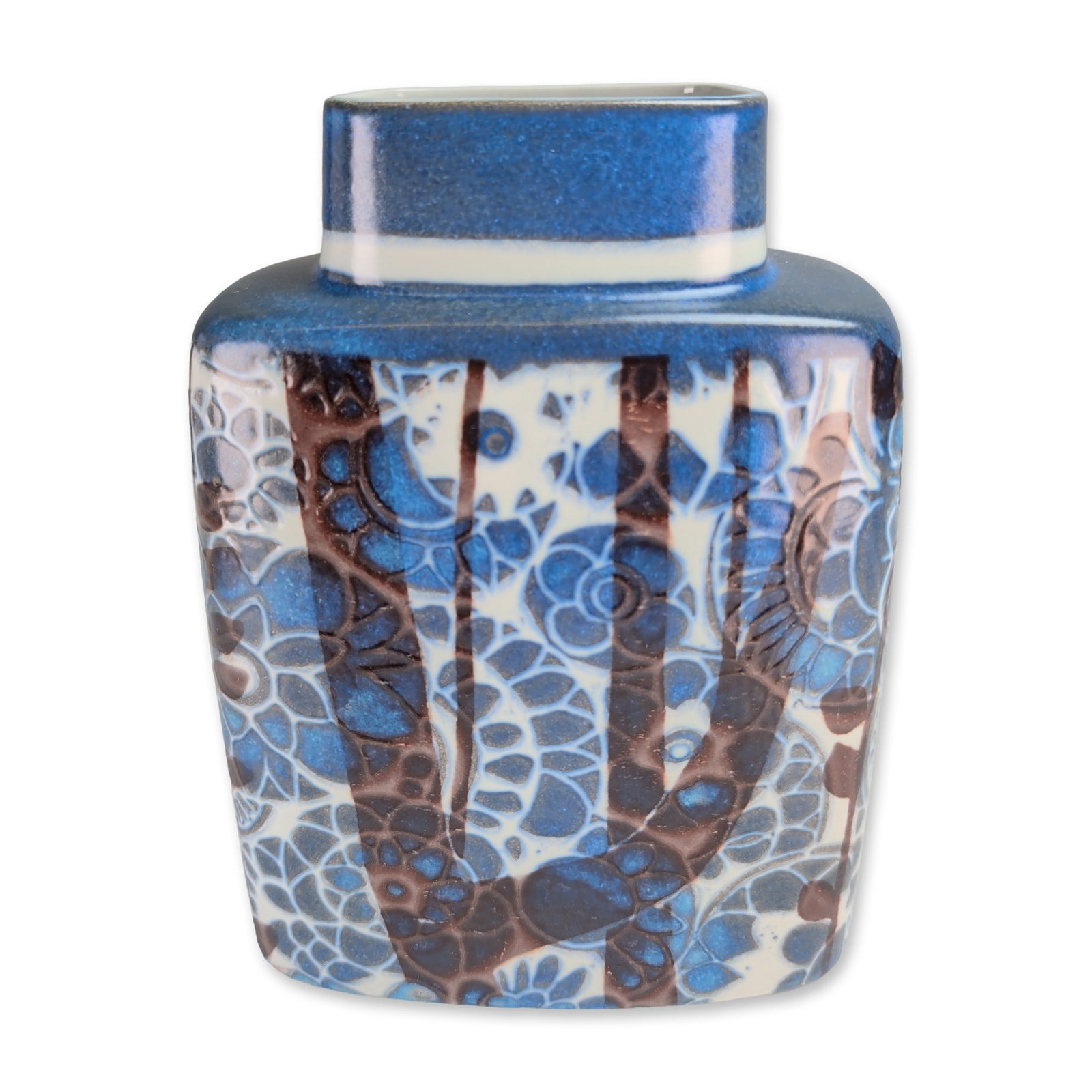 Royal Copenhagen Johanne Gerber Baca Fajance Vase: Royal Copenhagen, Denmark, rectangular fajance pillow vase from the Baca series, featuring a stylized floral and organic abstract pattern in cobalt blue and chocolate brown tones against an off-white 