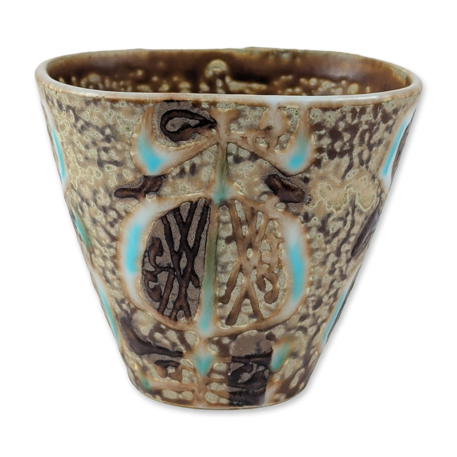Royal Copenhagen Nils Thorsson Baca Fajance Vase: Royal Copenhagen Baca series fajance vase designed by Nils Thorsson. The vessel features a tapered tri-cornered form decorated with an abstract organic pattern in tones of brown, cream, and tan, accen