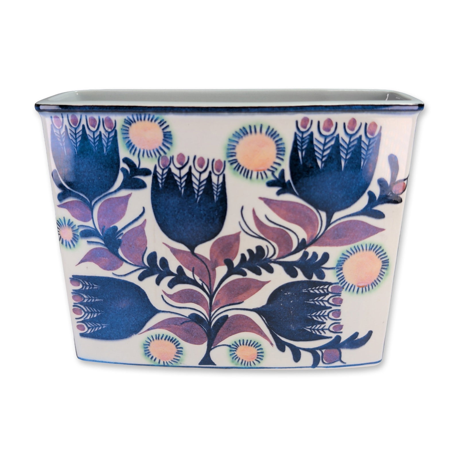 Royal Copenhagen Tenera Berte Jessen Fajance Vase: Royal Copenhagen, Denmark mid-century modern Tenera series slab vase designed by Berte Jessen. Fajance earthenware construction with hand-painted underglaze decoration featuring stylized tulip and sun
