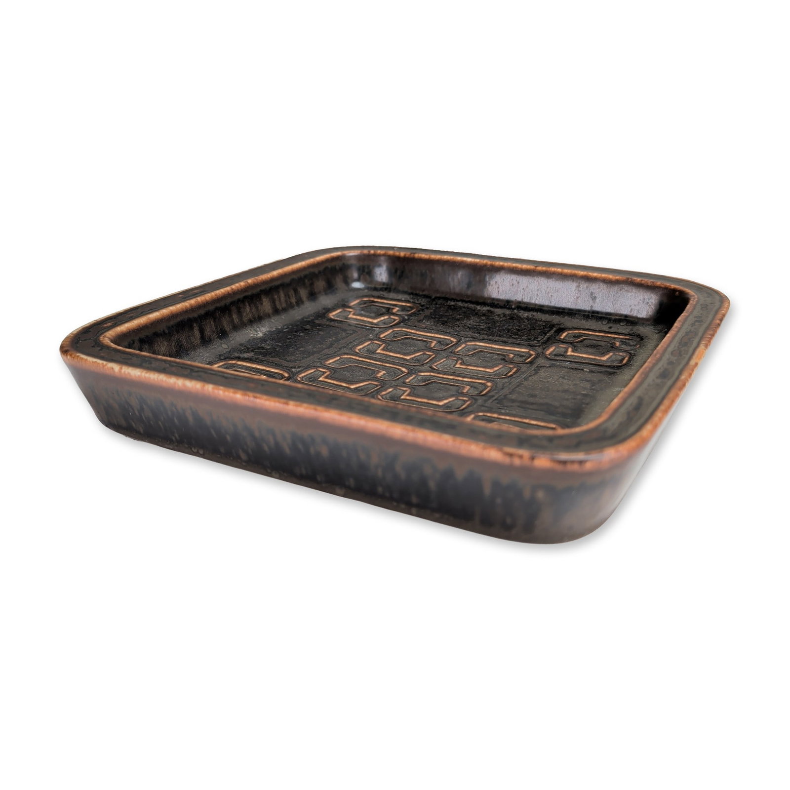 Valdemar Petersen for Bing & Grondahl Danish Stoneware Dish: Bing & Grondahl mid-century Danish modern stoneware dish, designed by Valdemar Petersen with a square stoneware form with rounded corners and a shallow raised lip. The interior features an impressed r