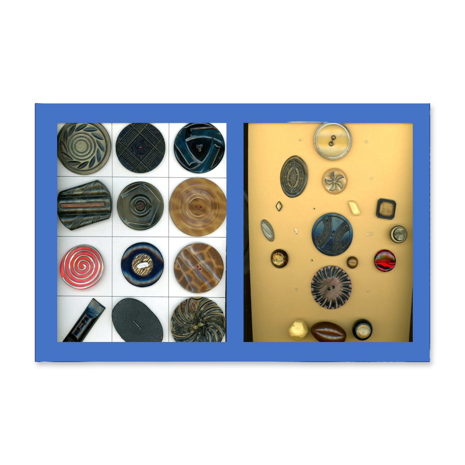 A SELECTION OF OLD CELLULOID BUTTONS: 28 S/M/L Early 20th century with many over 2". This lot includes one card of celluloid examples all over 2" in diameter, along with some other nice bubbles and more. Dimensions: SM=Less than 3/4", Med