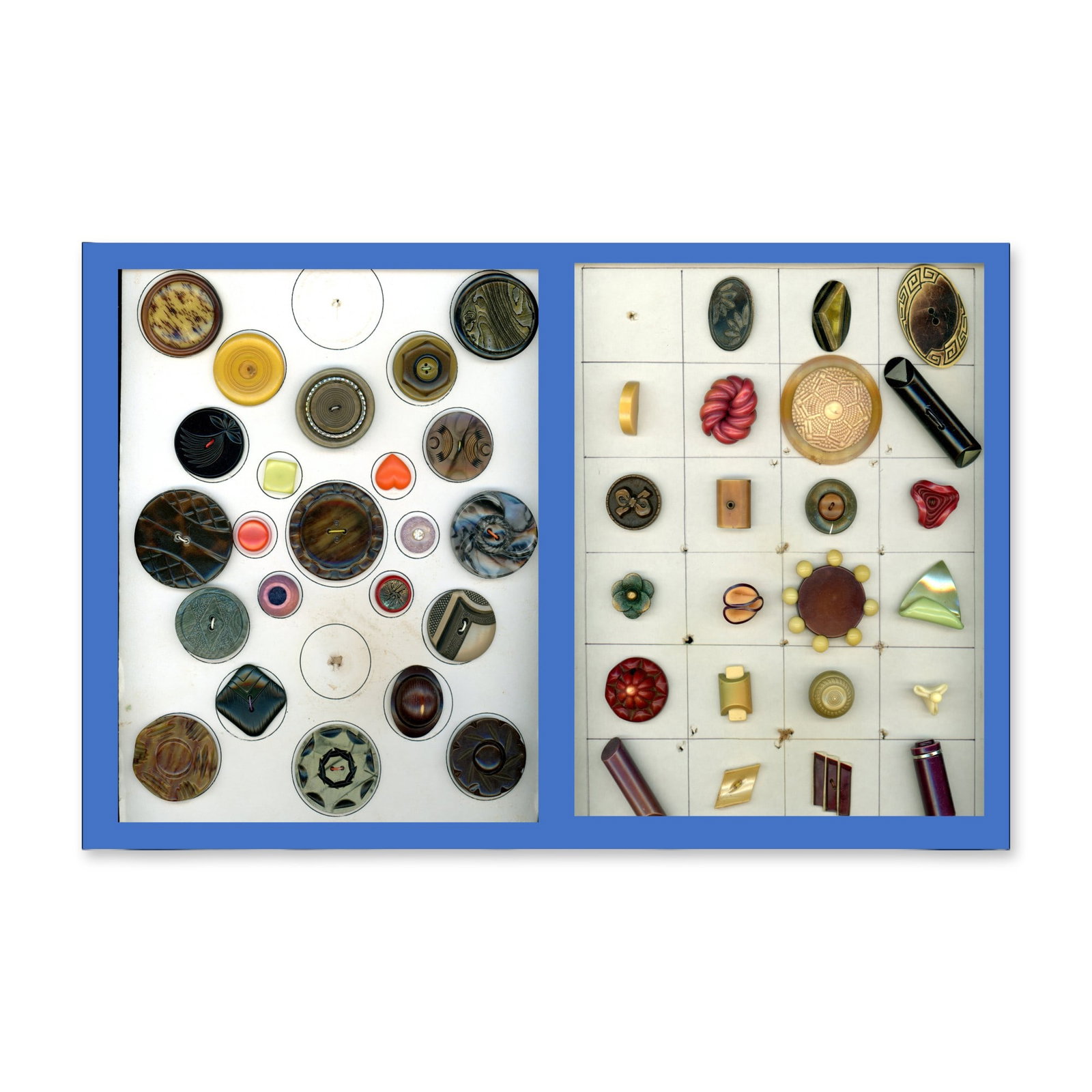 2 CARDS OF ASSORTED 1920'S CELLULOID BUTTONS: 45 S/M/L Assorted techniques and styles. Here are two nice cards compiled by the late Barb and Don Lanier of Florida and includes a great selection of early 20th century celluloid examples in nice con