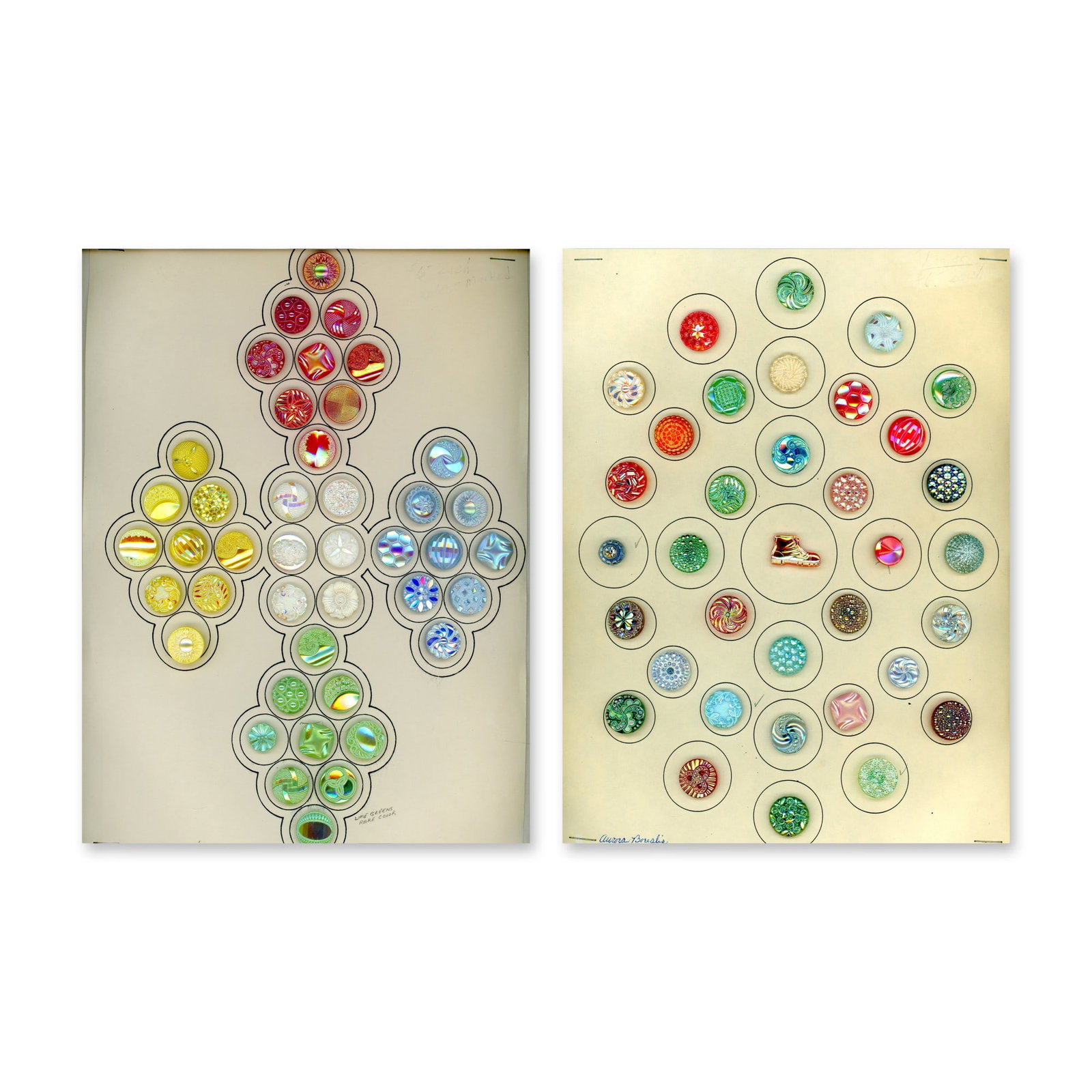 2 CARDS OF ASSORTED WEST GERMAN AURORA GLASS BUTTONS: 77 S/M 20th century assorted styles and examples.. Here is a colorful selection of 1940's West German glass Aurora Luster buttons in a variety of colors and fancy tops. Dimensions: SM=Less than 3/4", 