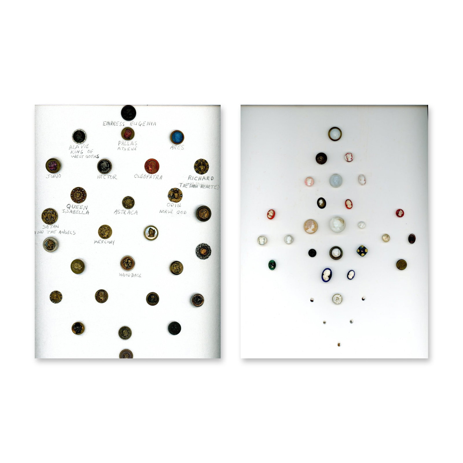 2 CARDS OF DIV. 1 ASSORTED MATERIAL PICTORIAL BUTTONS: 53 Small 19th/early 20th century specialized to heads. This lot includes head on, profiles, men, women all in metal and glass and glass in metal designs. Dimensions: SM=Less than 3/4", Medium=3/4" to 