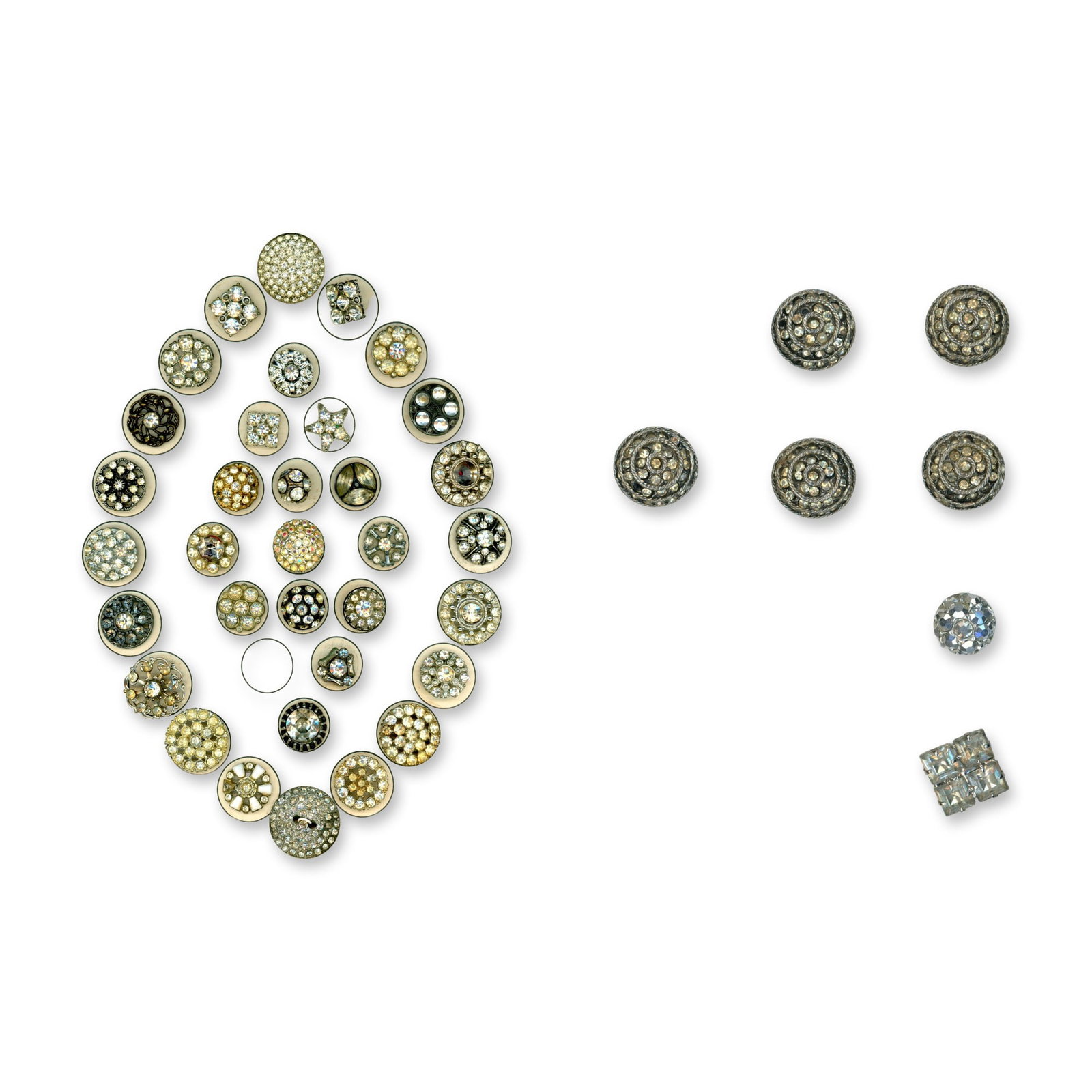 2 CARDS OF EARLY 20TH CENTURY "GLITZ" BUTTONS: 41 Small/Medium examples specialized to clear pastes. This lot includes a nice selection of brilliant clear paste jewel Diamond imitators. Dimensions: SM=Less than 3/4", Medium=3/4" to 1 1/4". Large=1
