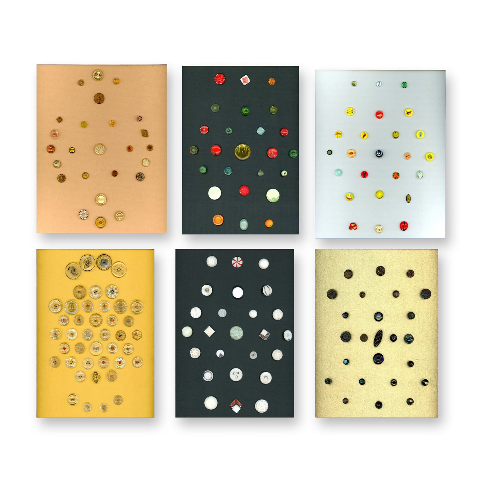 6 CARDS OF ASSORTED DIVISION THREE GLASS BUTTONS: 165 S/M 20th century assorted colored examples. This lot includes various techniques in a large selection of vintage 20th century glass buttons in a variety of colors including black glass. Dimensions