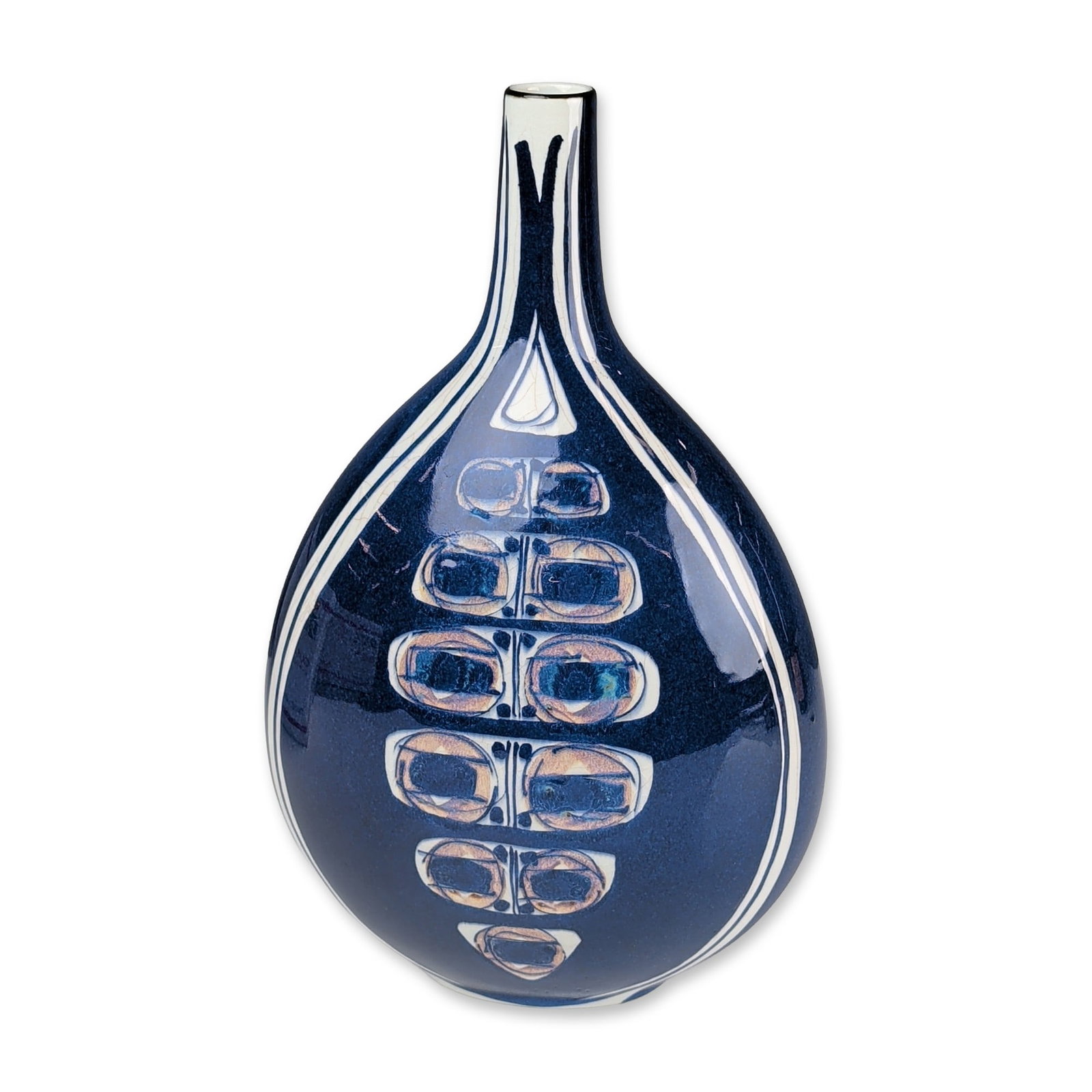 Royal Copenhagen Inge-Lise Koefoed Tenera Fajance Vase: Royal Copenhagen, Denmark. Mid-century modern Tenera series fajance vase designed by Inge-Lise Koefoed. The flattened teardrop vessel features a midnight blue glaze decorated with abstract slip motifs