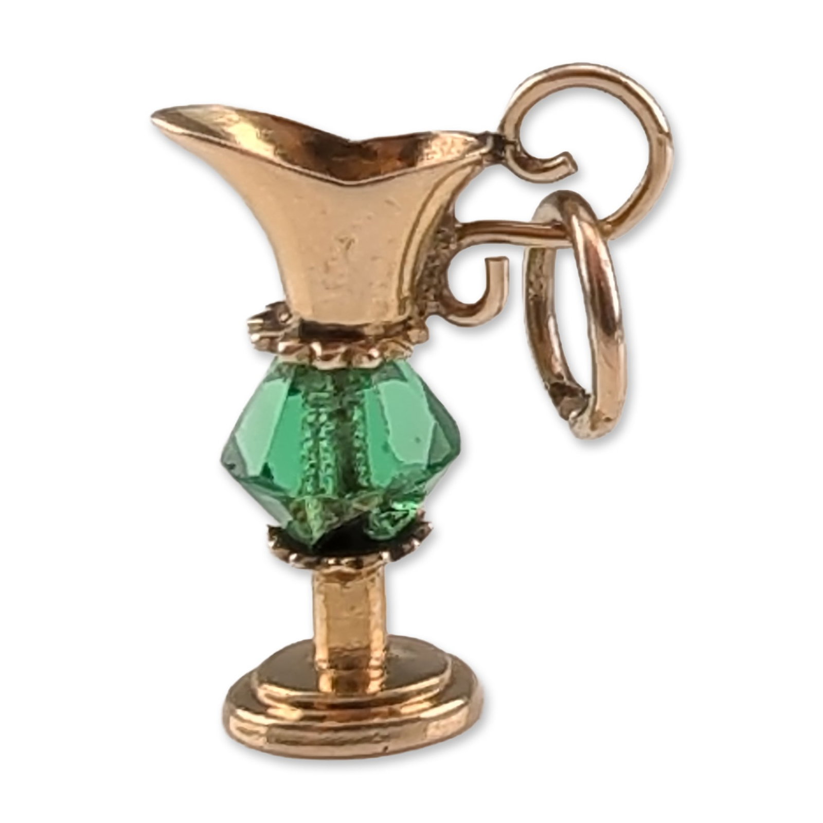 10K Yellow Gold Green Bead Pitcher Charm: Vintage 10 karat yellow gold charm designed as a miniature flared pitcher. The piece features a central green faceted bicone bead secured between two decorative gold caps on a central pin. The base of