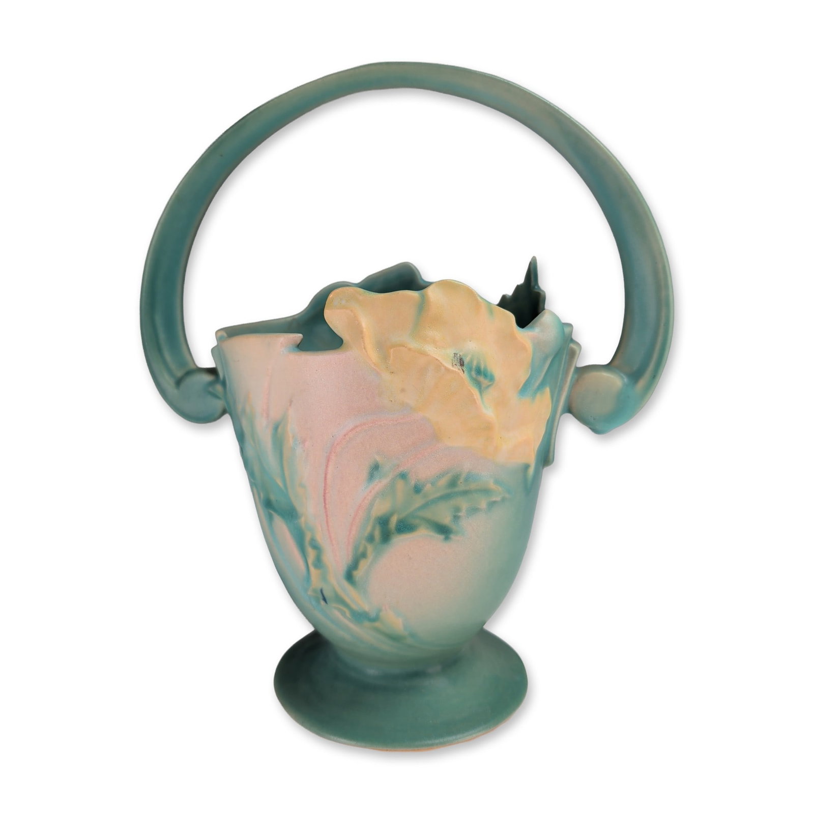 Roseville Poppy Green Art Nouveau Pottery Basket: Roseville Pottery Poppy pattern basket, introduced in 1938. The earthenware vessel finished in a matte glaze blending teal green, peach, and yellow tones. The body is decorated in low relief with styl