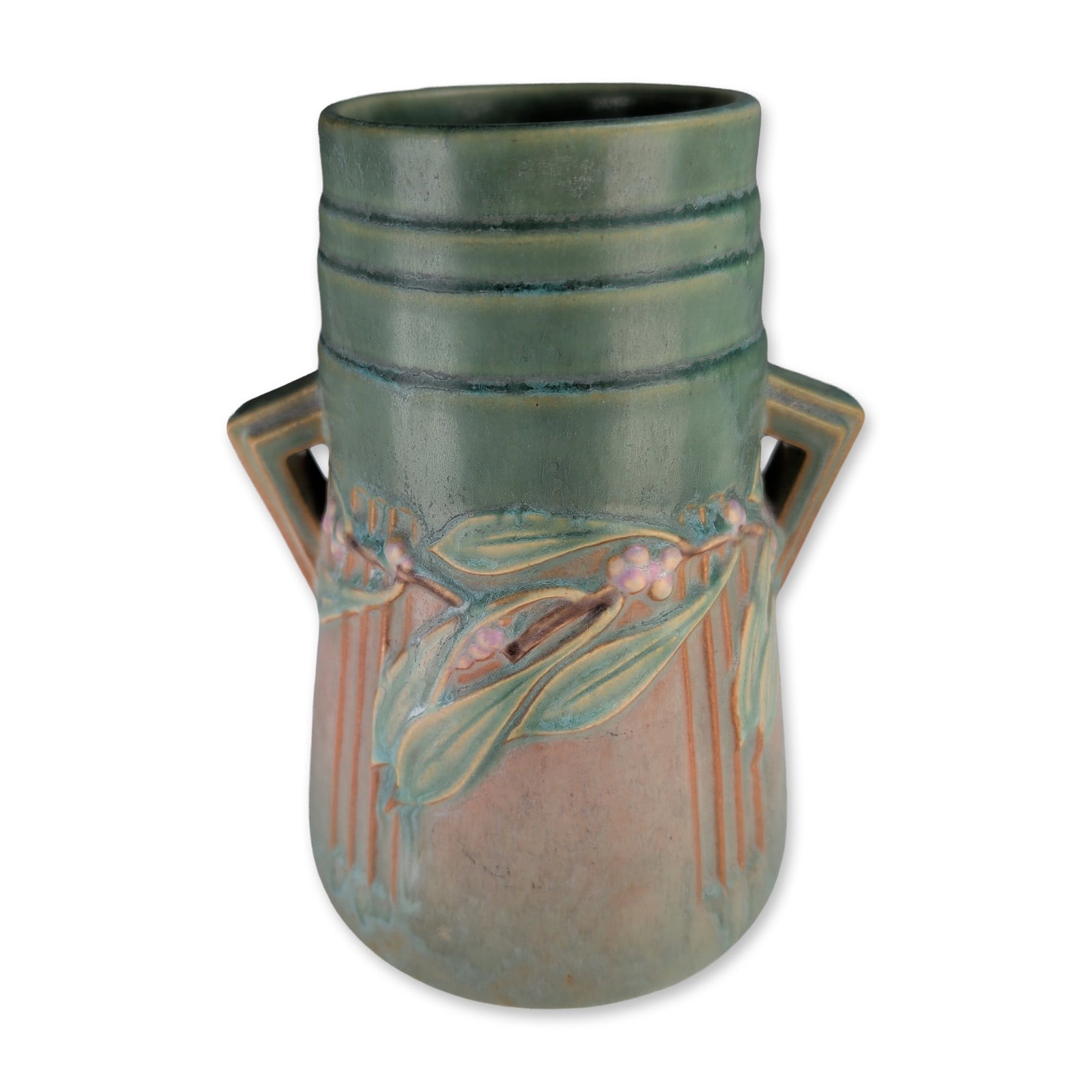 Roseville Art Nouveau Laurel Pattern Pottery Vase: American art pottery vase produced by Roseville Pottery in the Laurel pattern, circa 1934. Earthenware vessel featuring a cylindrical form with a three-ringed neck and two distinctive angular geometri