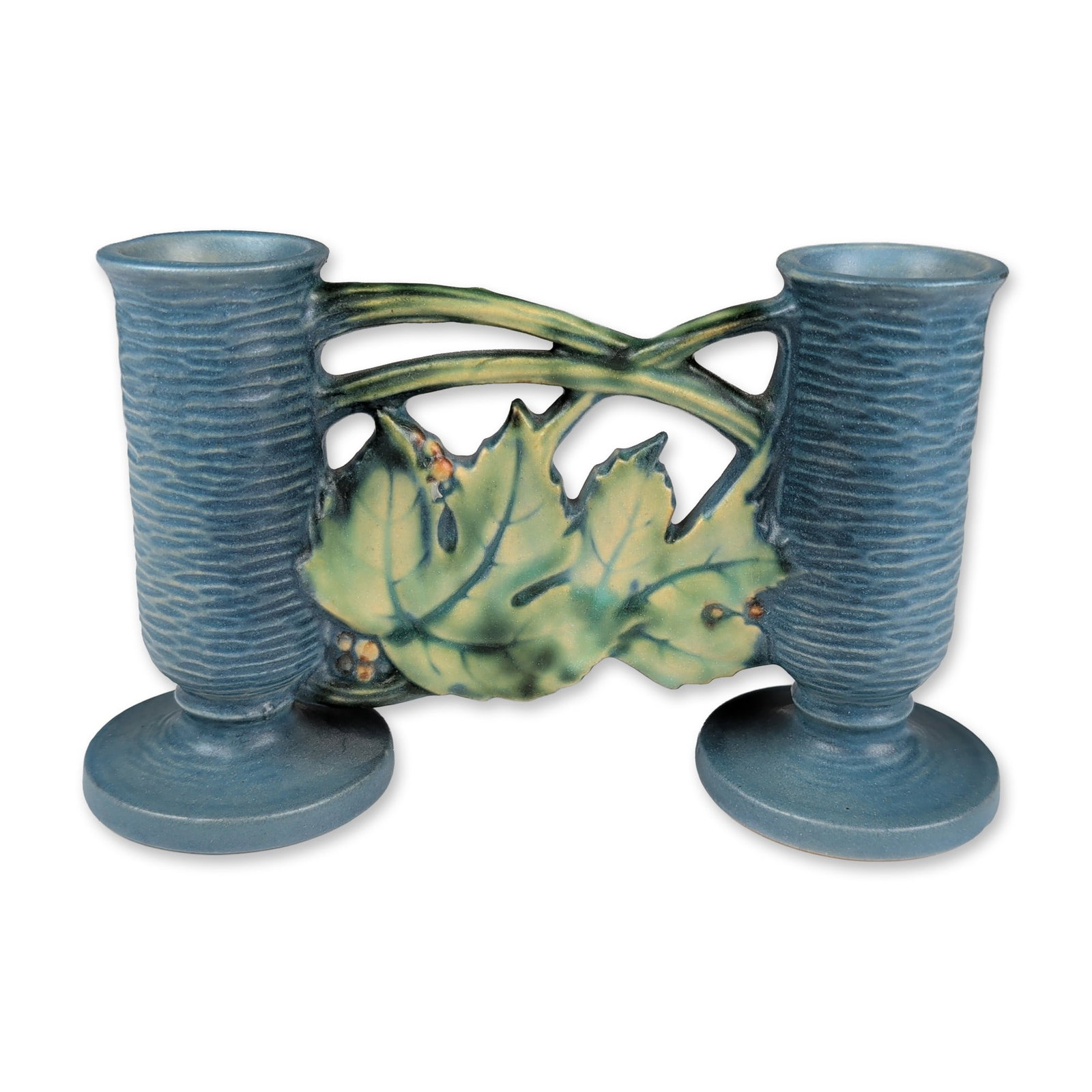 Roseville Pottery Double Bud Vase, Bushberry Blue (1 of 4)