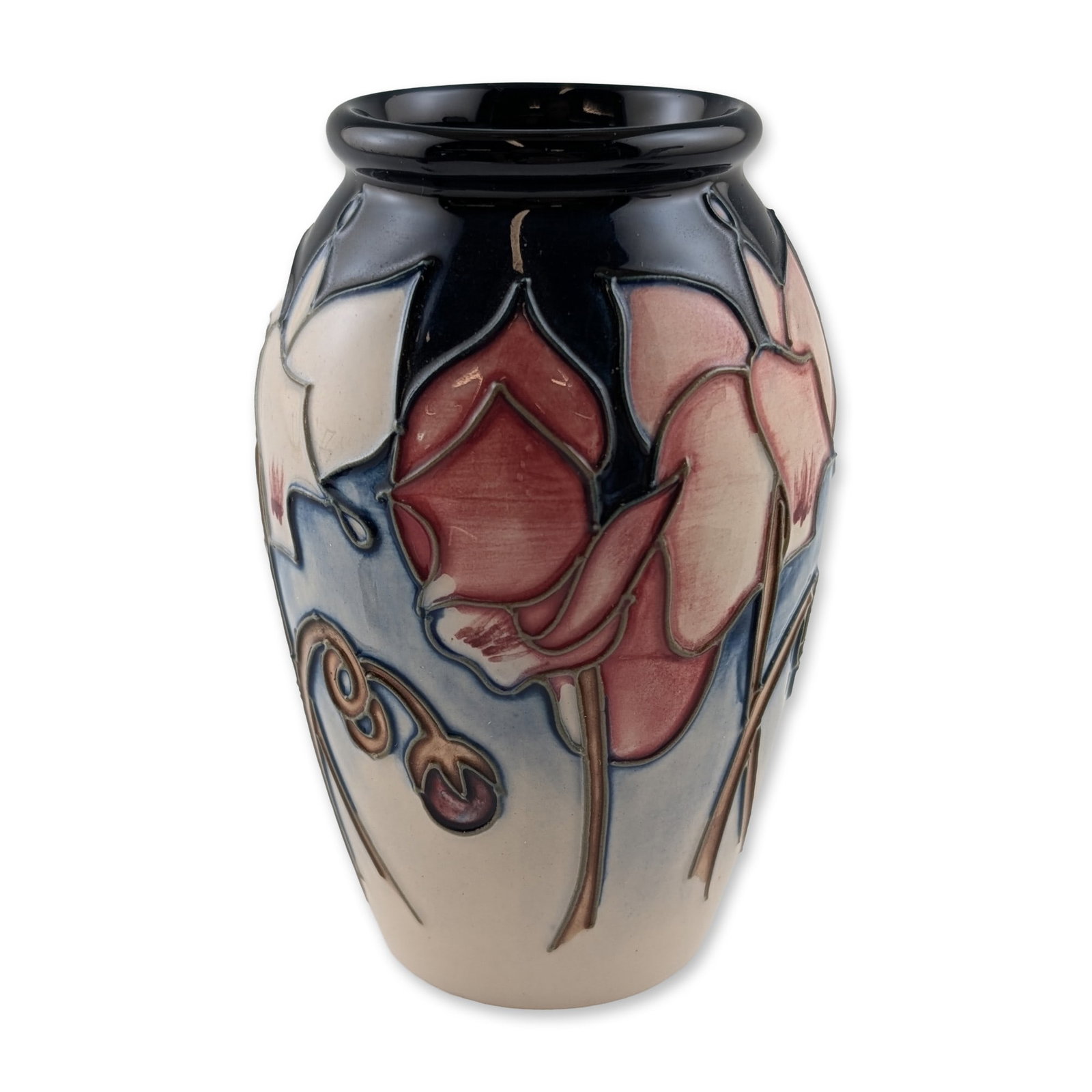 Moorcroft Wild Cyclamen English Art Pottery Vase: Emma Bossons for Moorcroft. Earthenware vase in the Wild Cyclamen pattern, featuring tube-lined decoration with pink and white blossoms on swirling stems. The background displays a graduated glaze tra