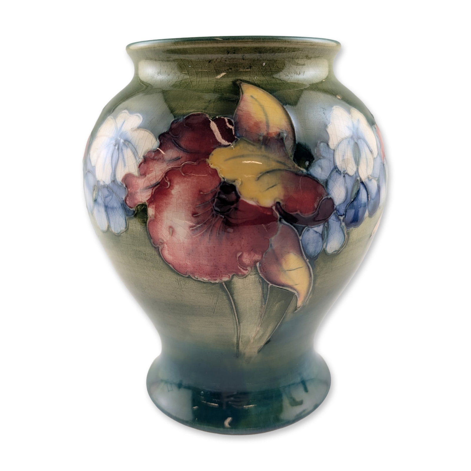 Walter Moorcroft Orchid Pattern Pottery Vase: Walter Moorcroft (English, 1913-2002). Earthenware art pottery vase in the Orchid pattern, circa 1945-1960. The bulbous body features tubelined and hand-painted orchid blossoms in shades of deep crims