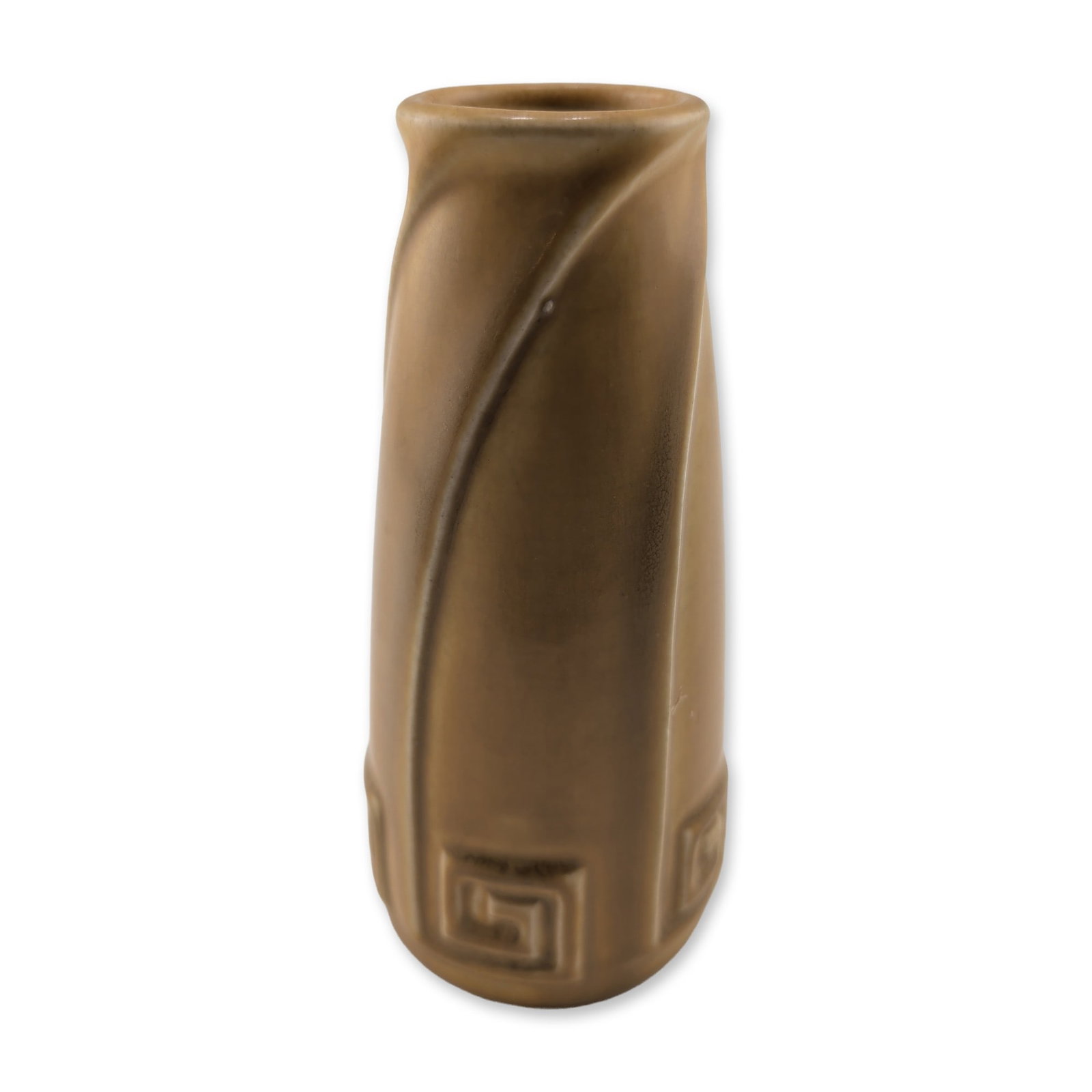 1920 Rookwood Pottery Roman Key Vase: Rookwood Pottery, dated 1920. Cylindrical earthenware vase in a matte tan vellum glaze, featuring a spiral-fluted body and flared rim. The lower section is decorated with a relief-molded band of Greek