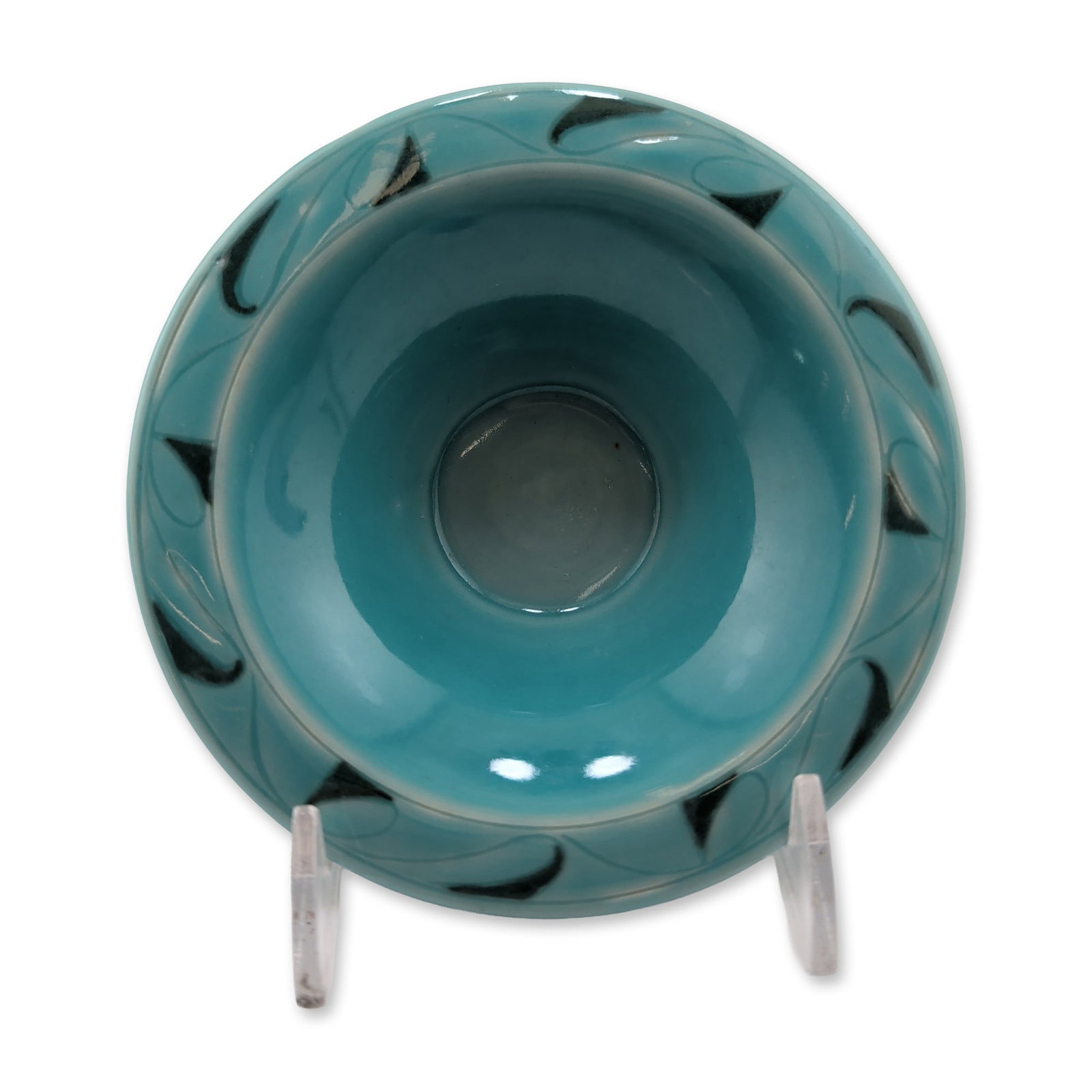 Rookwood Pottery 1916 Turquoise Ceramic Pin Dish: Rookwood Pottery footed pin dish in earthenware, produced in Cincinnati, Ohio, and dated 1916. The piece features a turquoise-blue glaze with a flared rim decorated with a repeating series of