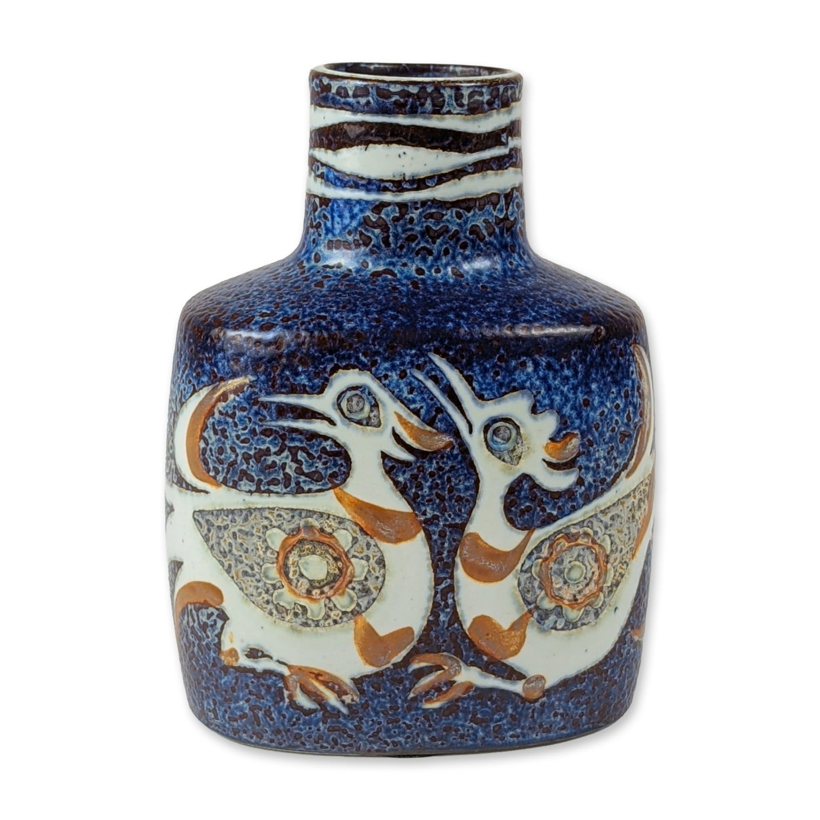 Royal Copenhagen Baca Fajance Ceramic Bird Vase: Royal Copenhagen Fajance ceramic vase from the Baca series. The rectangular bottle-form vessel features two mirrored stylized birds rendered in white and ochre glazes against a textured, dark mottled 