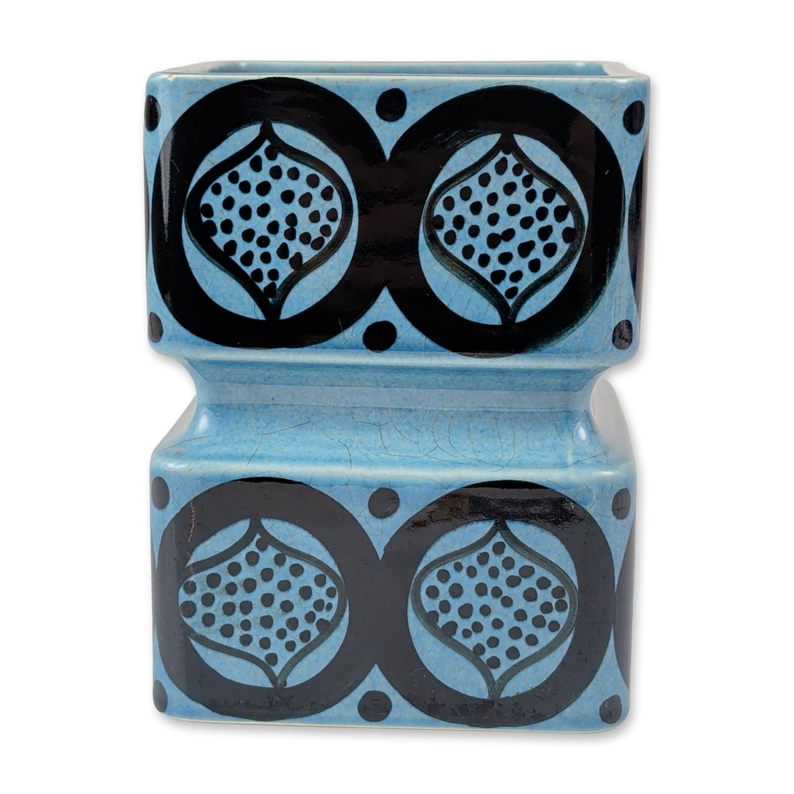 Arabia Finland Gunvor Olin-Gronqvist Square Ceramic Vase: Arabia Finland ceramic vase designed by Gunvor Olin-Gronqvist. Double-waisted rectangular stoneware form featuring hand-painted black stylized pomegranate motifs within circular borders against a ligh