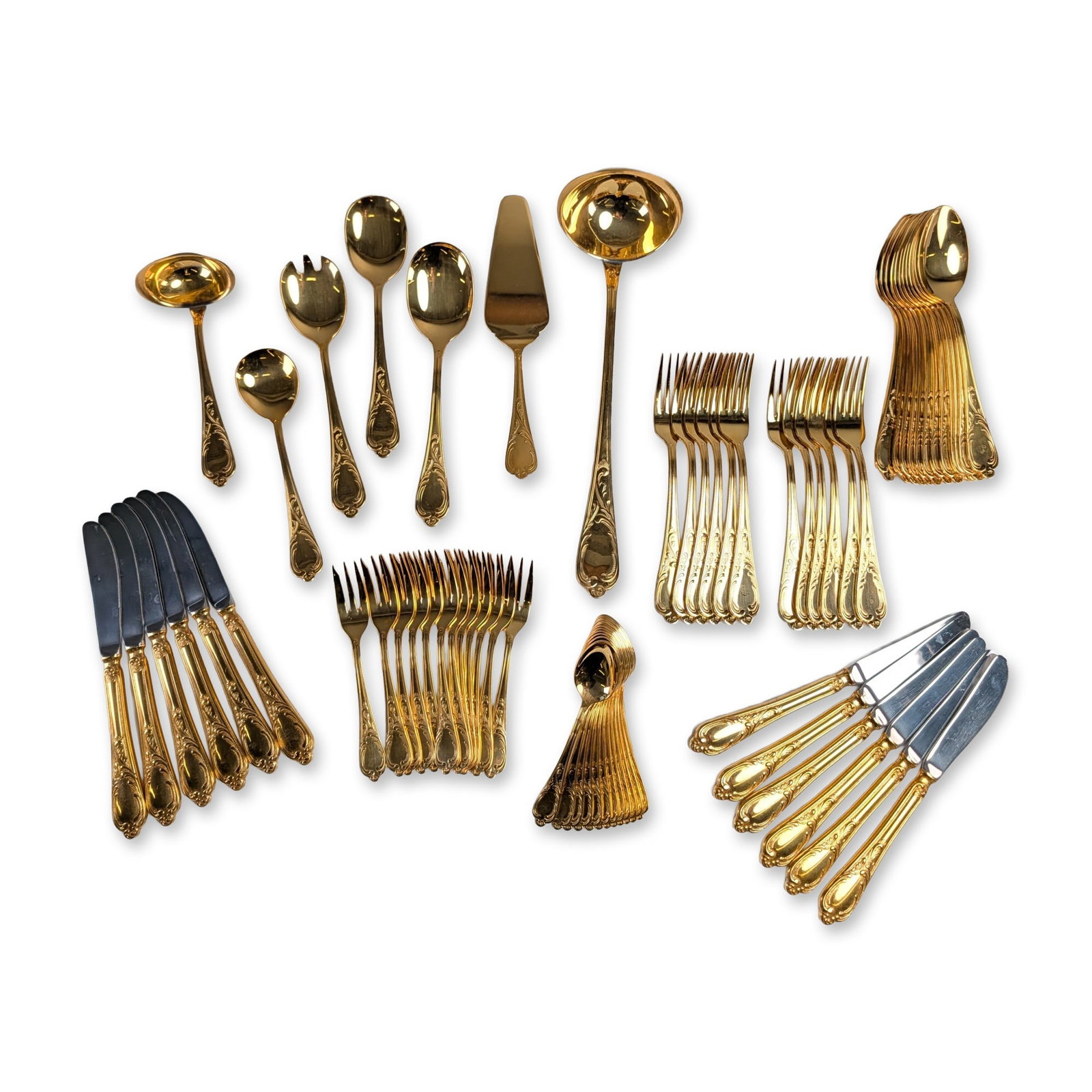 67pc Solingen 23/24K Gold Plated Flatware Service for Twelve: Solingen gold-plated flatware service for twelve featuring a Rococo-inspired design with scrolling foliate and shell motifs on the handles. The set of sixty-seven pieces is constructed from 18/10 stai
