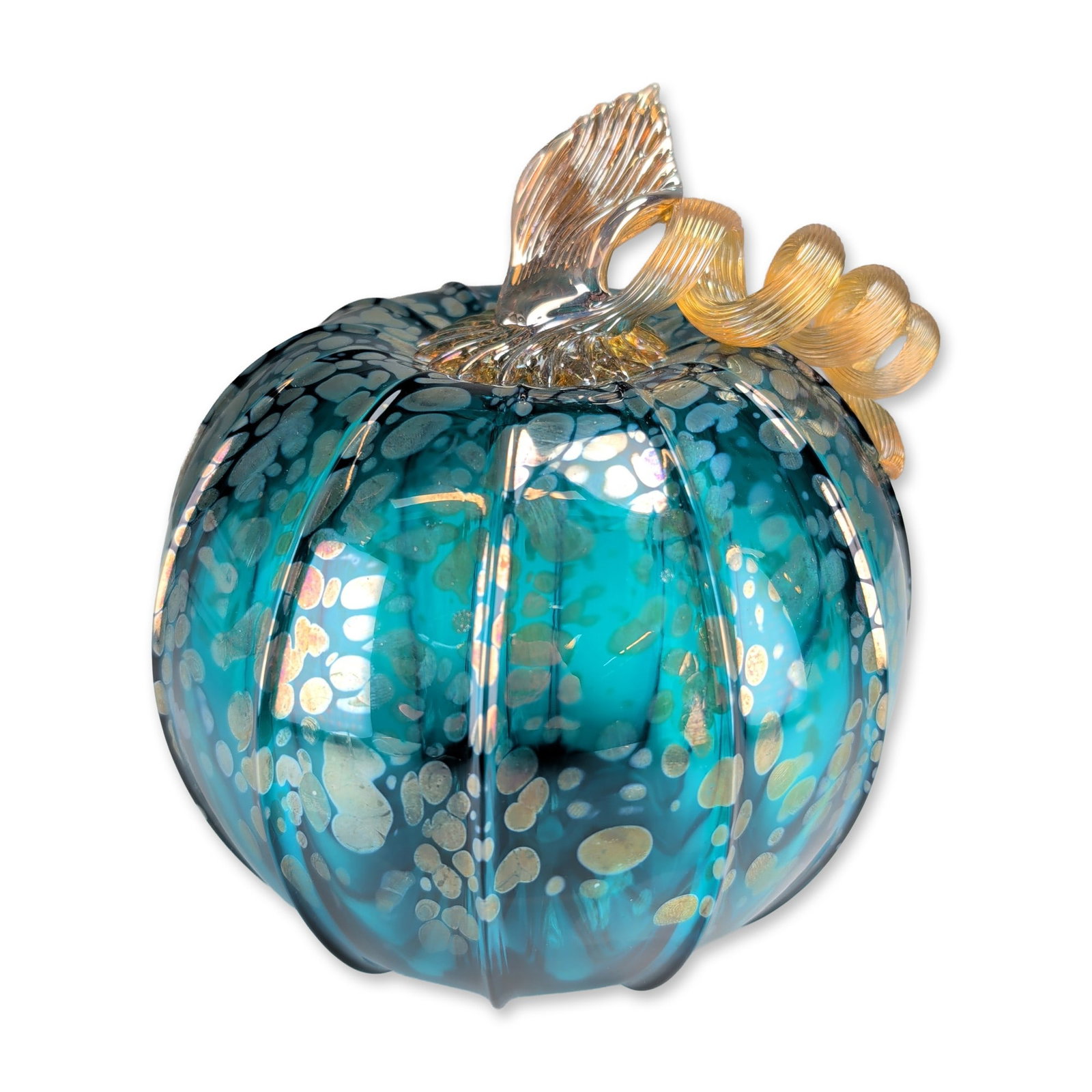 Steven Lundberg (American 1953-2008) Art Glass Pumpkin: Steven Lundberg hand-blown art glass pumpkin in teal-blue glass, featuring an optic-ribbed body decorated with scattered iridescent metallic gold-toned frit inclusions. The piece is topped with a tran