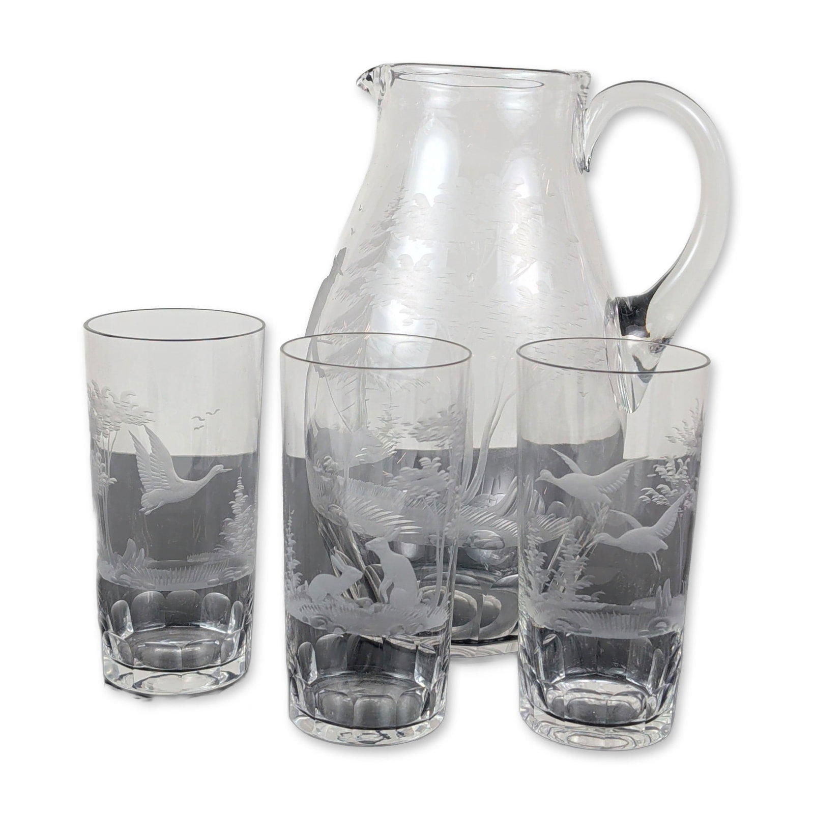 4pc Engraved Glass Hunting Motif Pitcher and Highball Set (1 of 5)