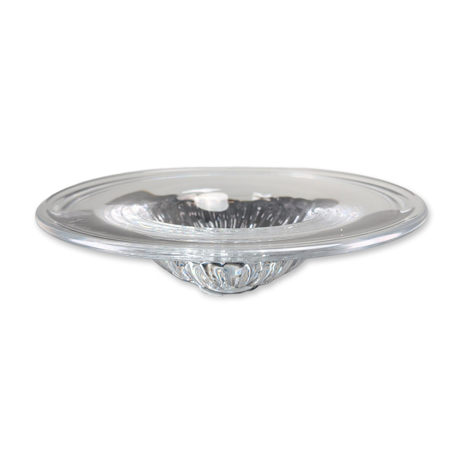 Goran Warff for Kosta Boda Clear Crystal Centerpiece Bowl: Goran Warff for Kosta Boda centerpiece bowl in clear lead crystal, featuring a wide flat rim surrounding a deep central well with an underside radial pleated pattern. The bowl is constructed from