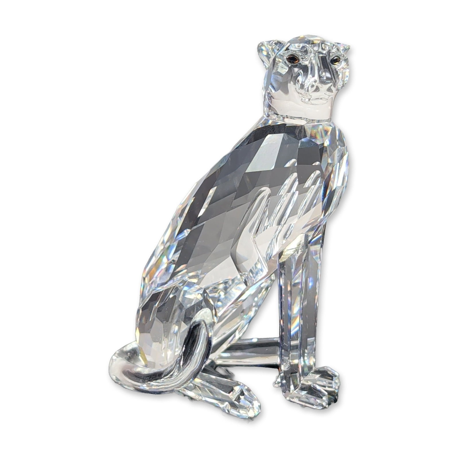 Swarovski Crystal Cheetah - High Tail Figurine: Swarovski faceted clear crystal figurine of a seated cheetah from the African Wildlife collection. The figurine is modeled in an upright, seated posture with a smooth crystal tail and dark inset eyes.