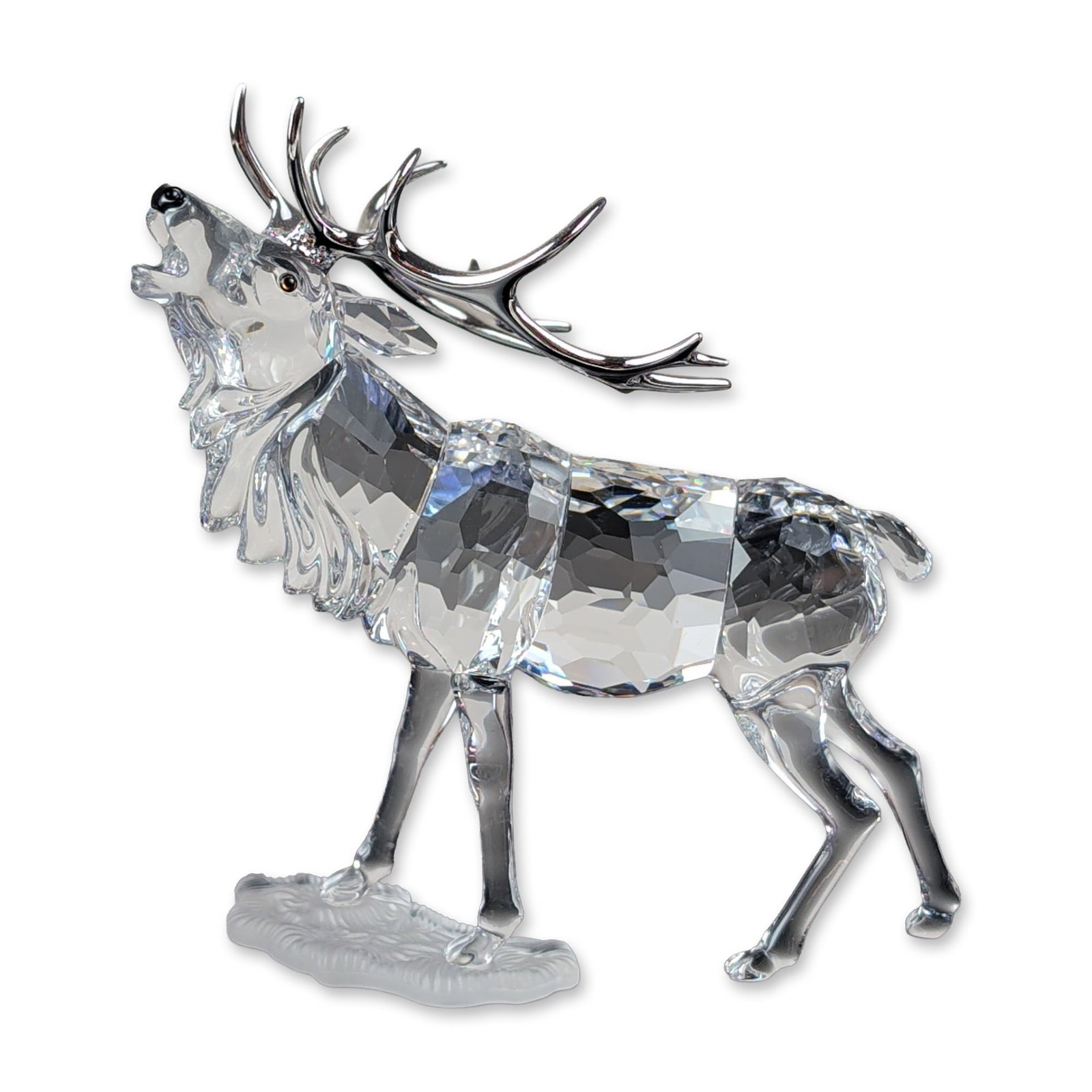 Swarovski Crystal Stag with Rhodium Antlers: Swarovski faceted clear lead crystal figurine of a standing stag, model 291431, from the Rare Encounters collection. The piece features a multi-faceted body with a textured mane and polished silver-to