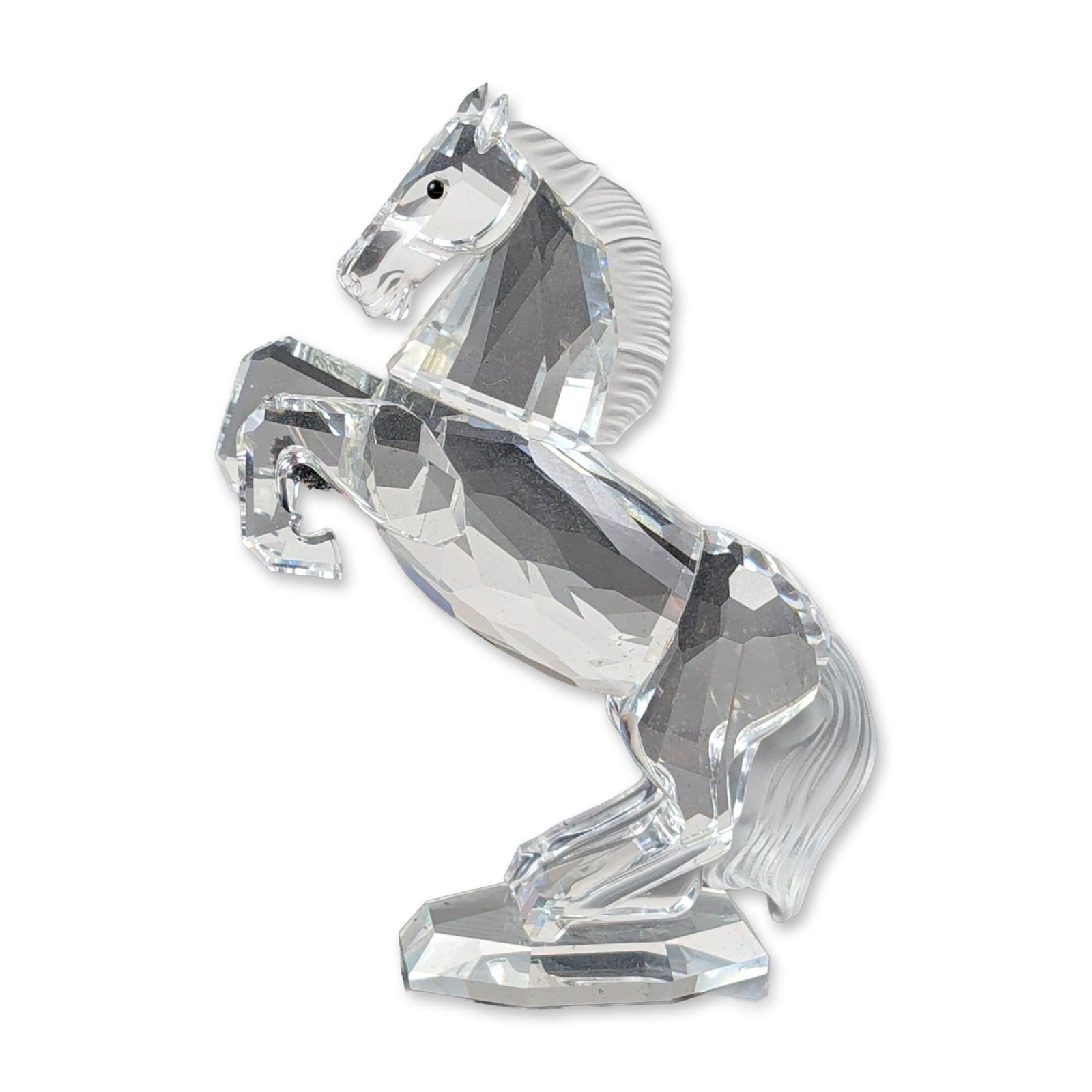 Swarovski Silver Crystal White Stallion Figurine: Swarovski Silver Crystal series figurine, model number 174958, titled White Stallion. Rearing horse in faceted lead crystal featuring a frosted and textured mane and tail, mounted on an integral octag