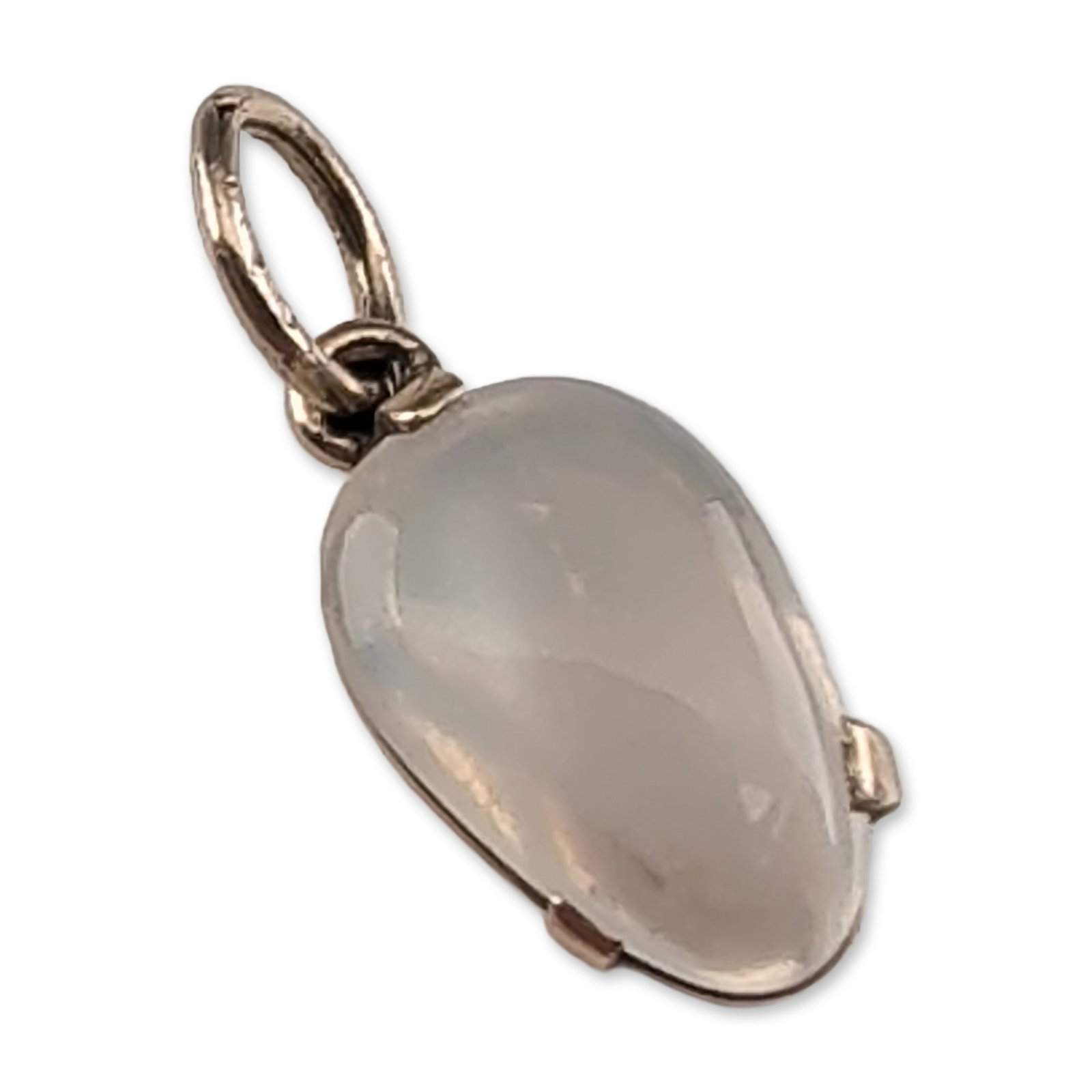 8K Gold and Pear-Shaped Moonstone Pendant Charm: Modernist style jewelry pendant in 8K gold, featuring a pear-shaped translucent light-gray moonstone cabochon. The stone is secured in an open-back frame with a three-prong setting and suspended from
