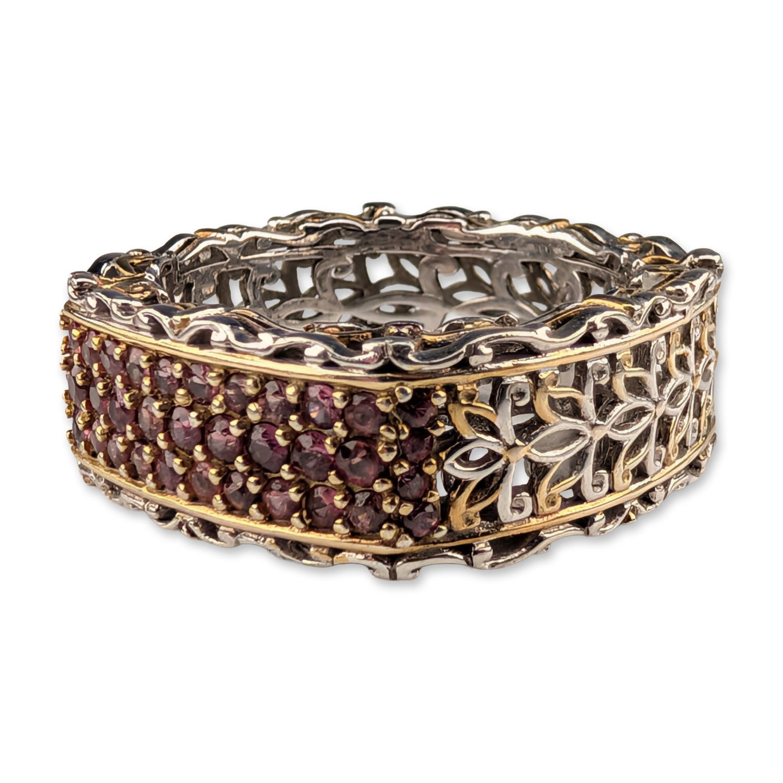 Michael Valitutti Gems en Vogue Two-Tone Sterling Silver Pink Sapphire Filigree Band Ring: A wide two-tone sterling silver band ring designed by Michael Valitutti, featuring a soft-square profile and intricate openwork filigree. The design includes a central rectangular panel pave-set with