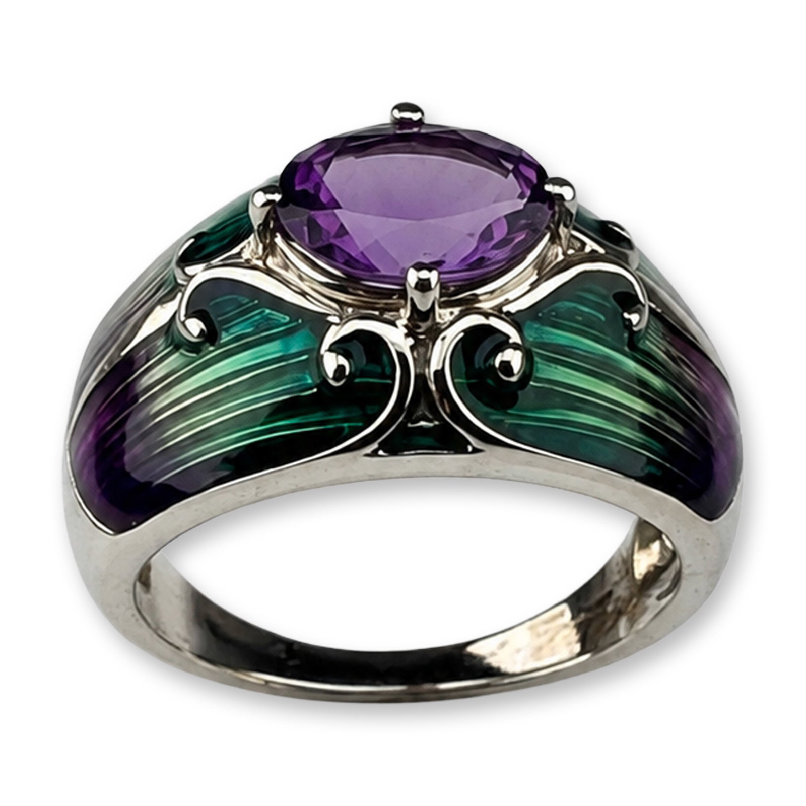 Sterling Silver Amethyst and Enamel Cocktail Ring: Indian sterling silver cocktail ring featuring a central oval-faceted amethyst held in a four-prong setting. The wide, domed shoulders are decorated with translucent emerald green and deep violet enam