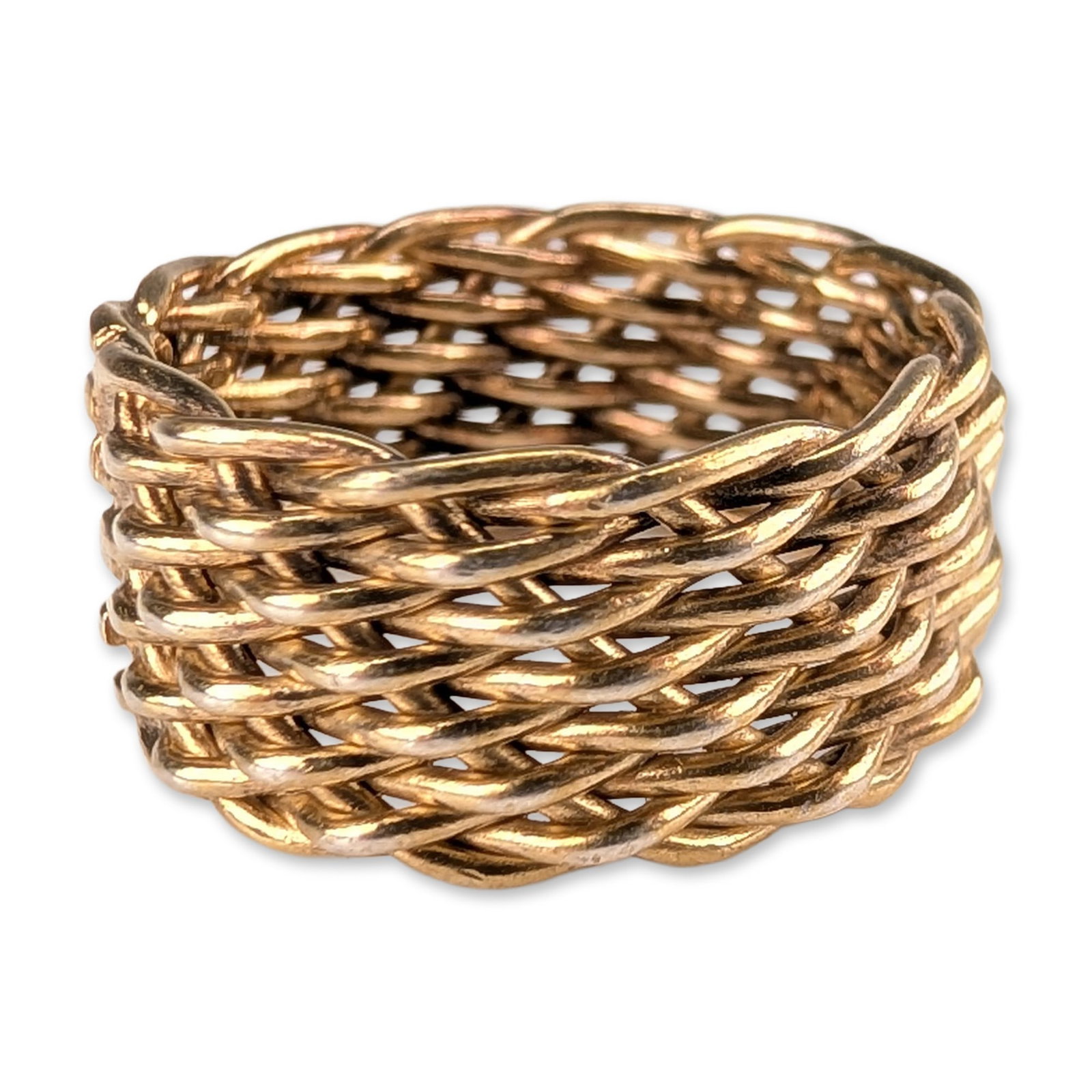 Sterling Silver Braided Basketweave Ring: Thai wide band ring in sterling silver, featuring an intricate braided basketweave design. The piece is constructed from multiple strands of wire interwoven to create a textured mesh-like surface. An 