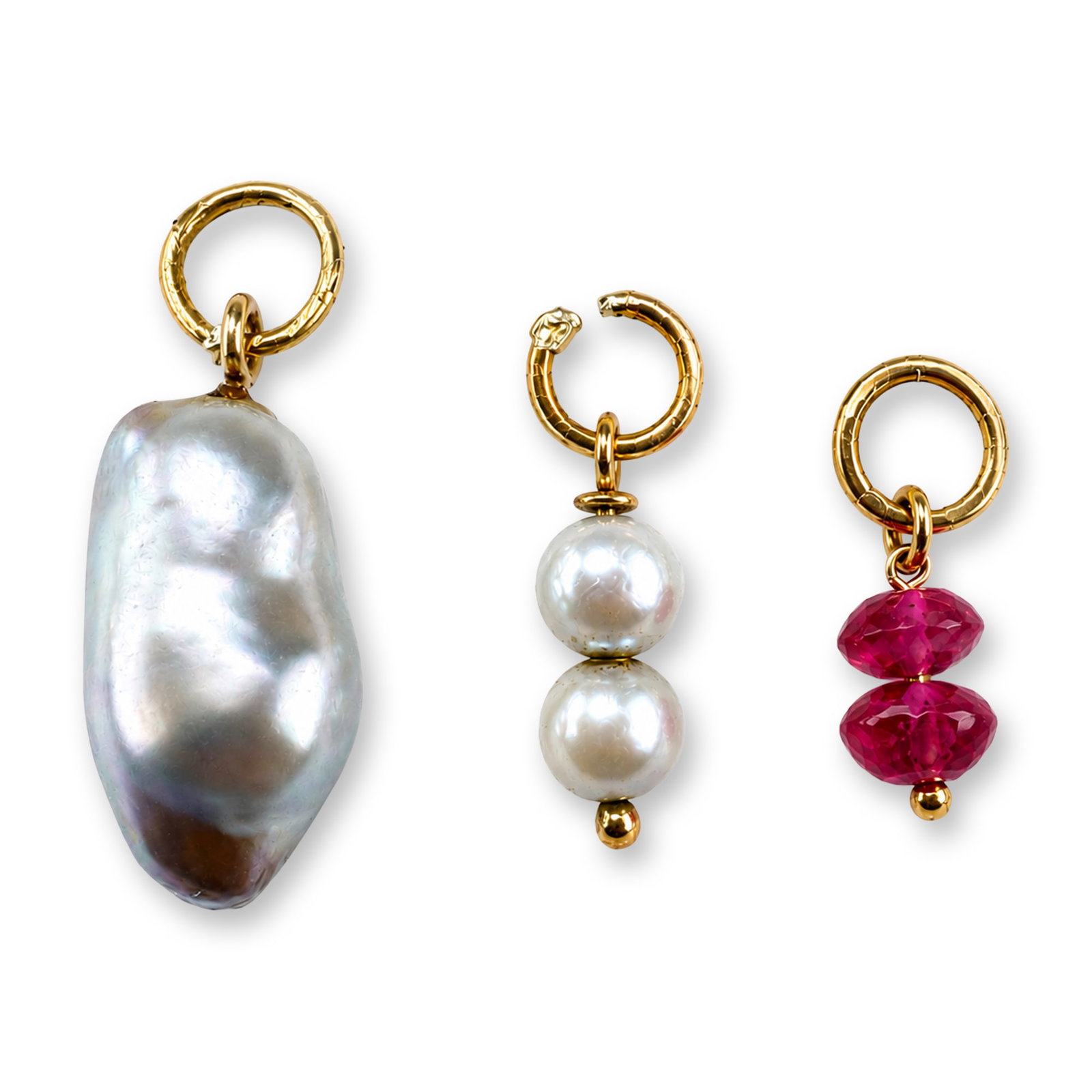 3pc 14K Gold, Pearl and Gemstone Charms: Group of three jewelry charms crafted in 14k yellow gold. The collection includes one large baroque pearl pendant with iridescent luster and natural growth characteristics; one double-drop charm featu