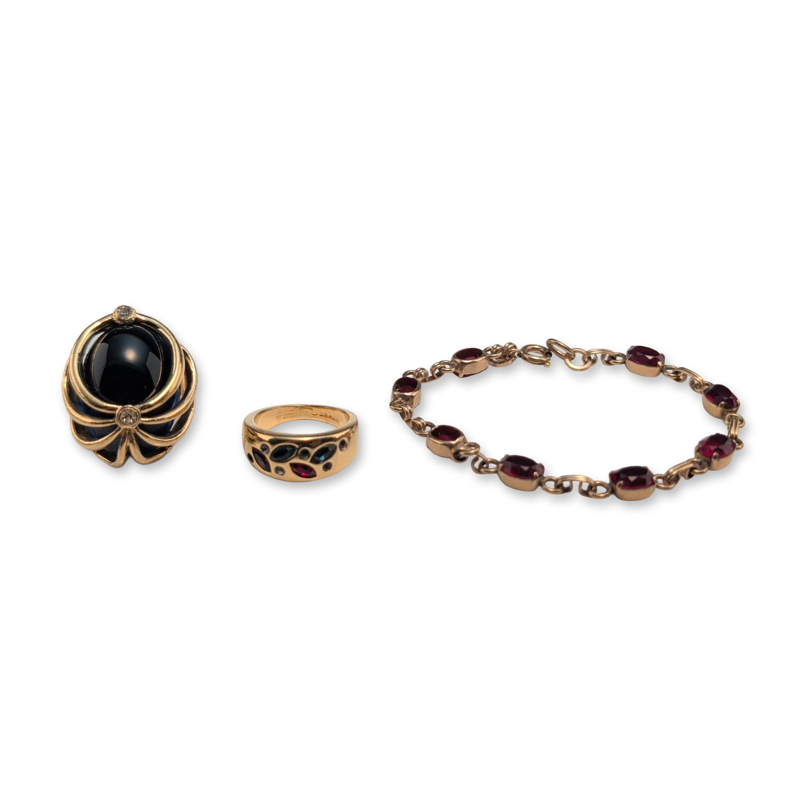 3pc Vendome and Van Dell Jewelry Items: A collection of vintage jewelry comprising two rings and a link bracelet. The cocktail ring features a blue oval cabochon stone set within a yellow gold-tone wirework cage, accented by two small