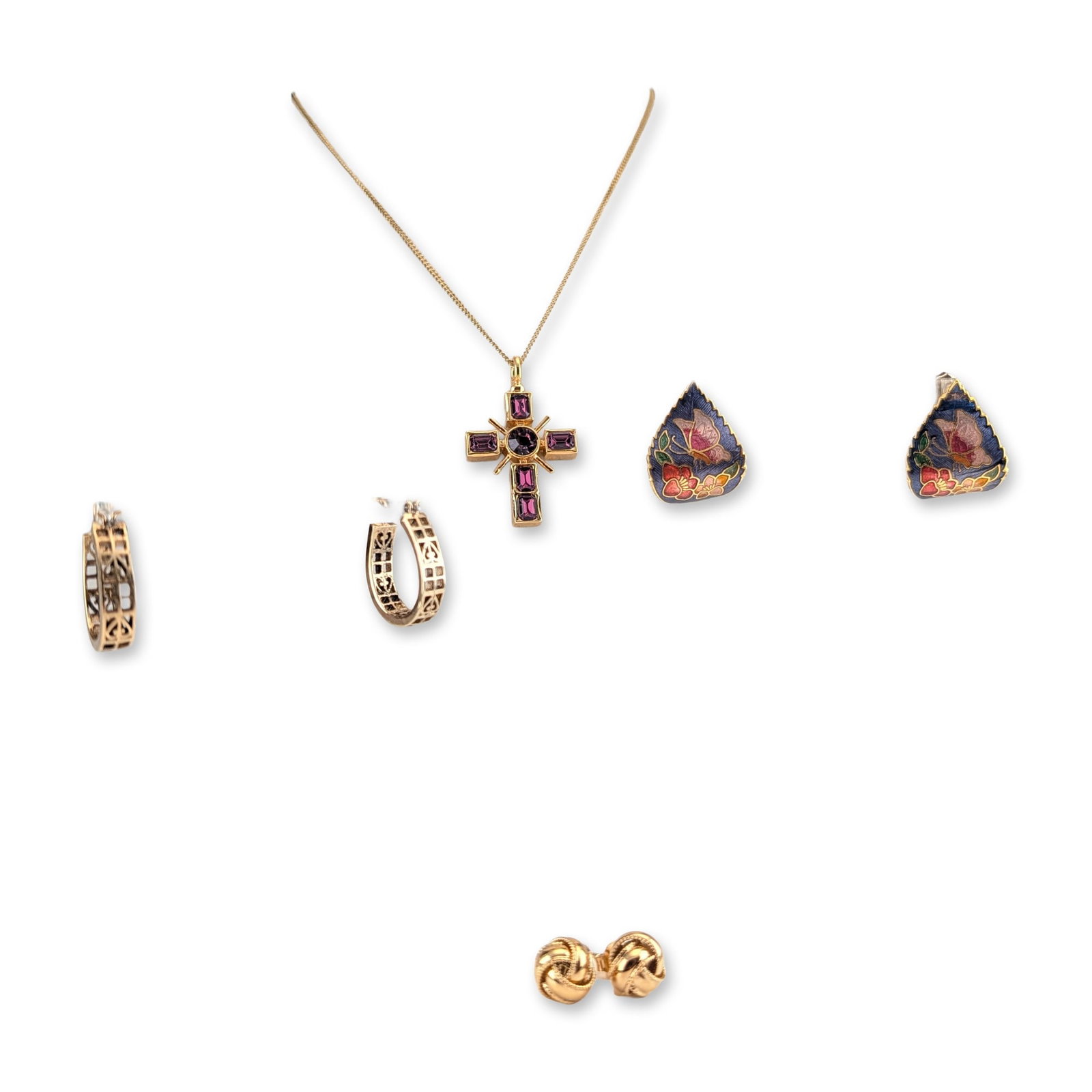4pc Camrose and Kross and Other Costume Jewelry Collection: Collection of gold-tone costume jewelry featuring a necklace, three pairs of earrings, and a presentation box. The necklace is a Camrose and Kross Jacqueline Bouvier Kennedy replica which consists of