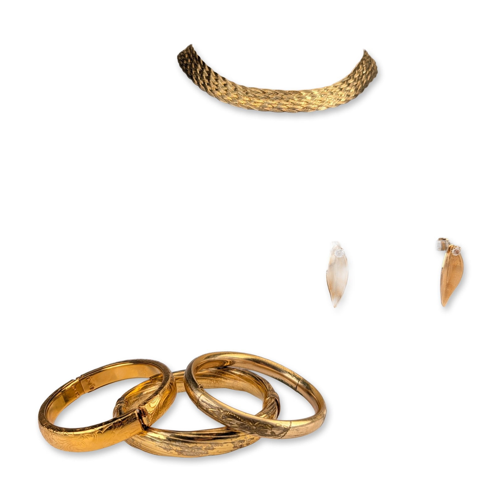 5pc Gold-Plated Bracelets, Necklace, and Earrings Jewelry Group: Braided weave necklace in gold-plated sterling silver, featuring multiple flat strands and a lobster claw clasp. Marked 925 ITALY with maker's mark. Collection also includes three gold-plated hinged b