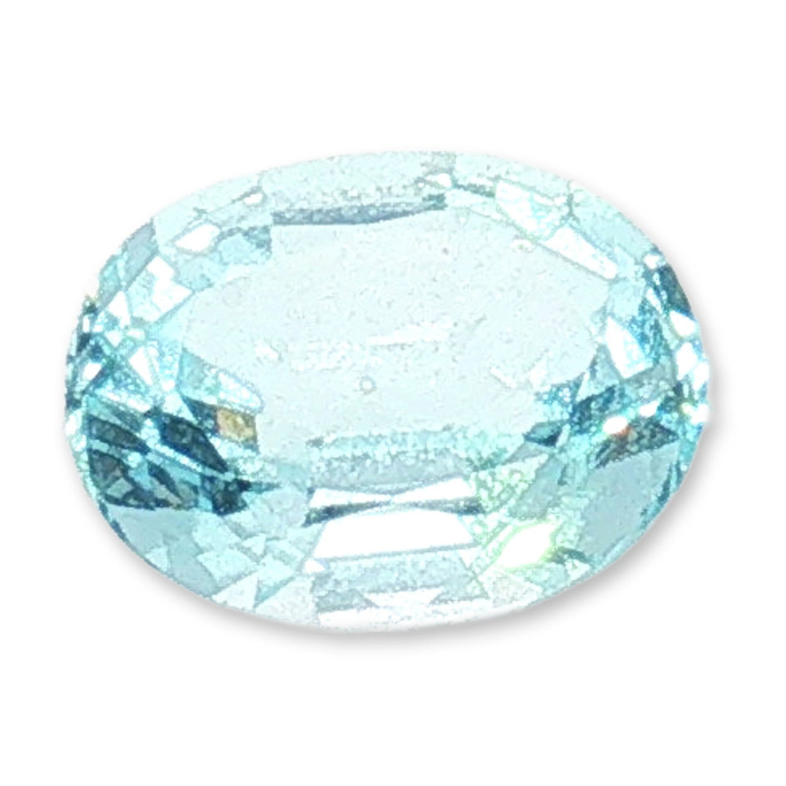 Loose Oval Cut Aquamarine Gemstone: Loose aquamarine gemstone featuring a classic oval faceted mixed cut. The stone displays a soft, light blue hue with eye-clean clarity. Its faceted design provides a versatile foundation for jewelry