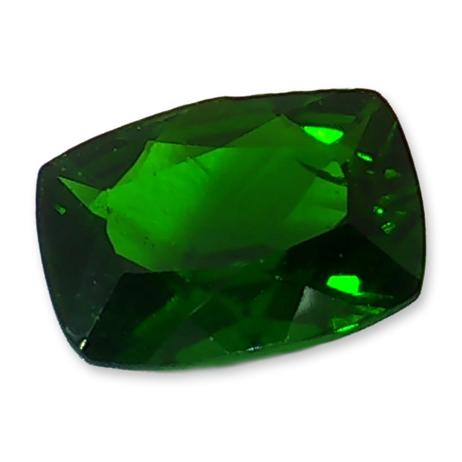 Cushion Cut Chrome Diopside Loose Gemstone: Faceted loose gemstone, appears to be chrome diopside, featuring a cushion cut with a deep green hue and intense color saturation throughout. The stone remains unset and is possibly of Russian