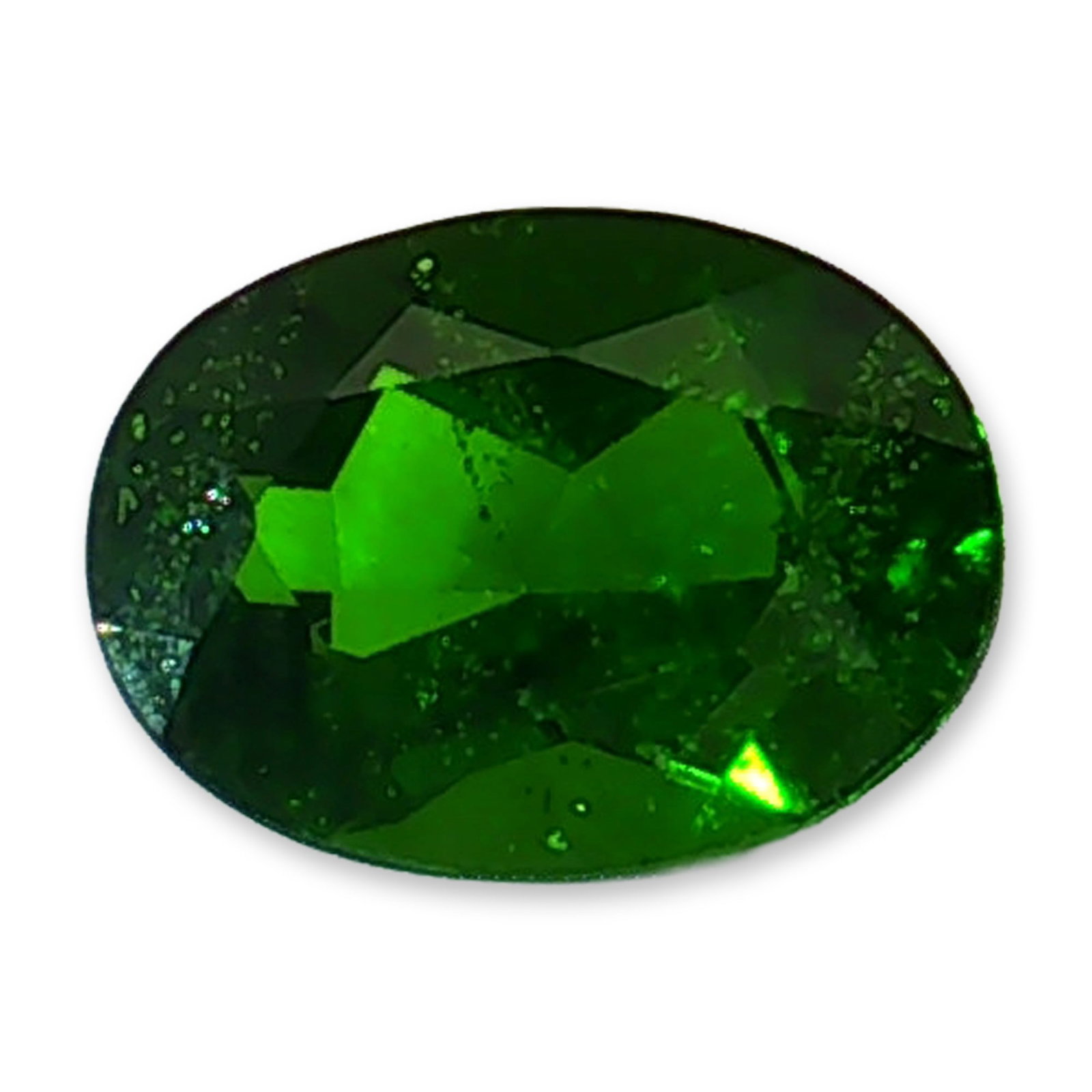 Oval Cut Chrome Diopside Loose Gemstone: Loose gemstone, appears to be chrome diopside, featuring a vivid forest green hue and deep color saturation. The stone is expertly shaped into a classic oval faceted cut with high clarity and